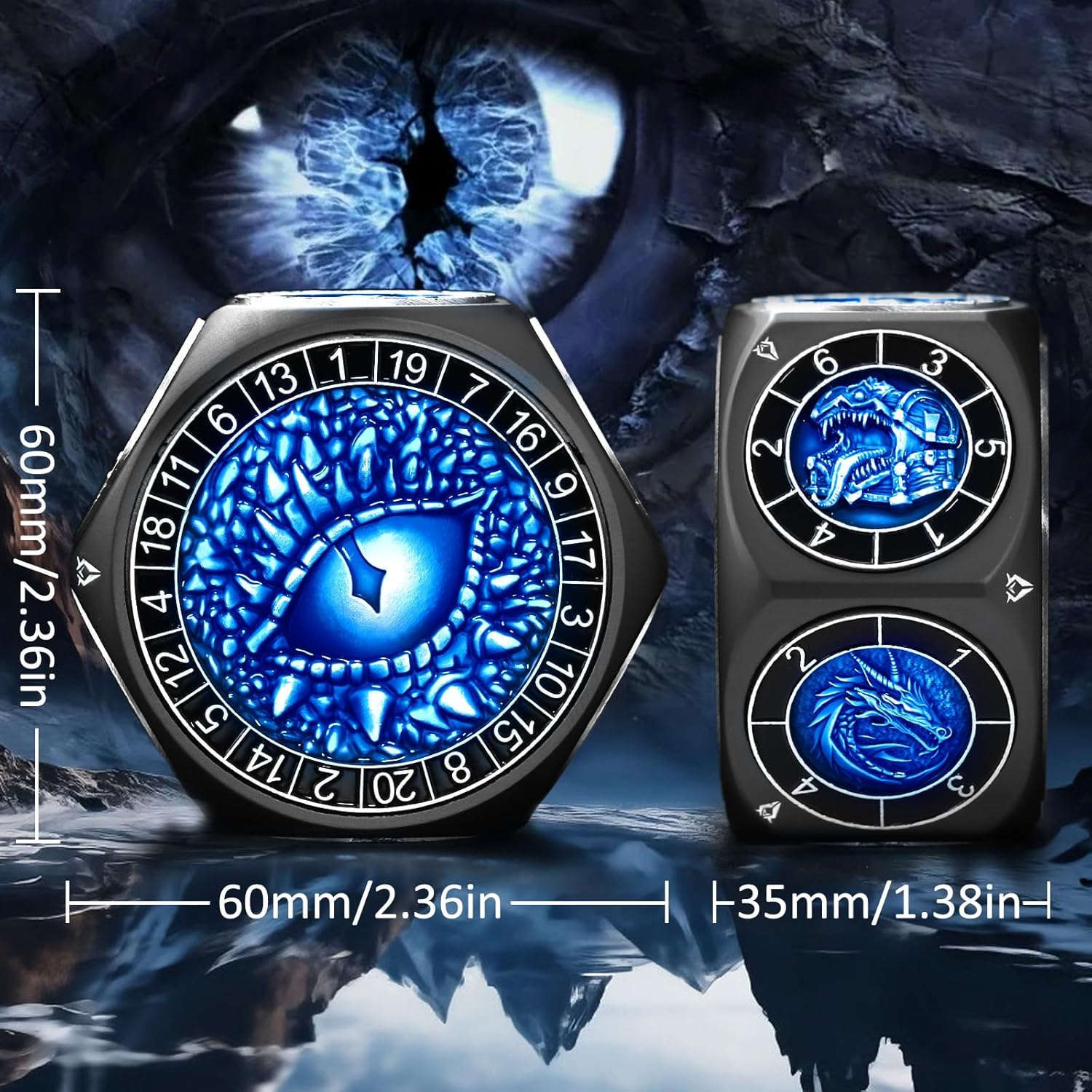 ZHOORQI 8-in-1 DND Dice Set – Metal Spinner Dice with Dual D20, 3D Monster Engravings & Smooth Spinning – Perfect for TTRPG, D and D Dungeons and Dragons Gifts(Black Dice- Blue)