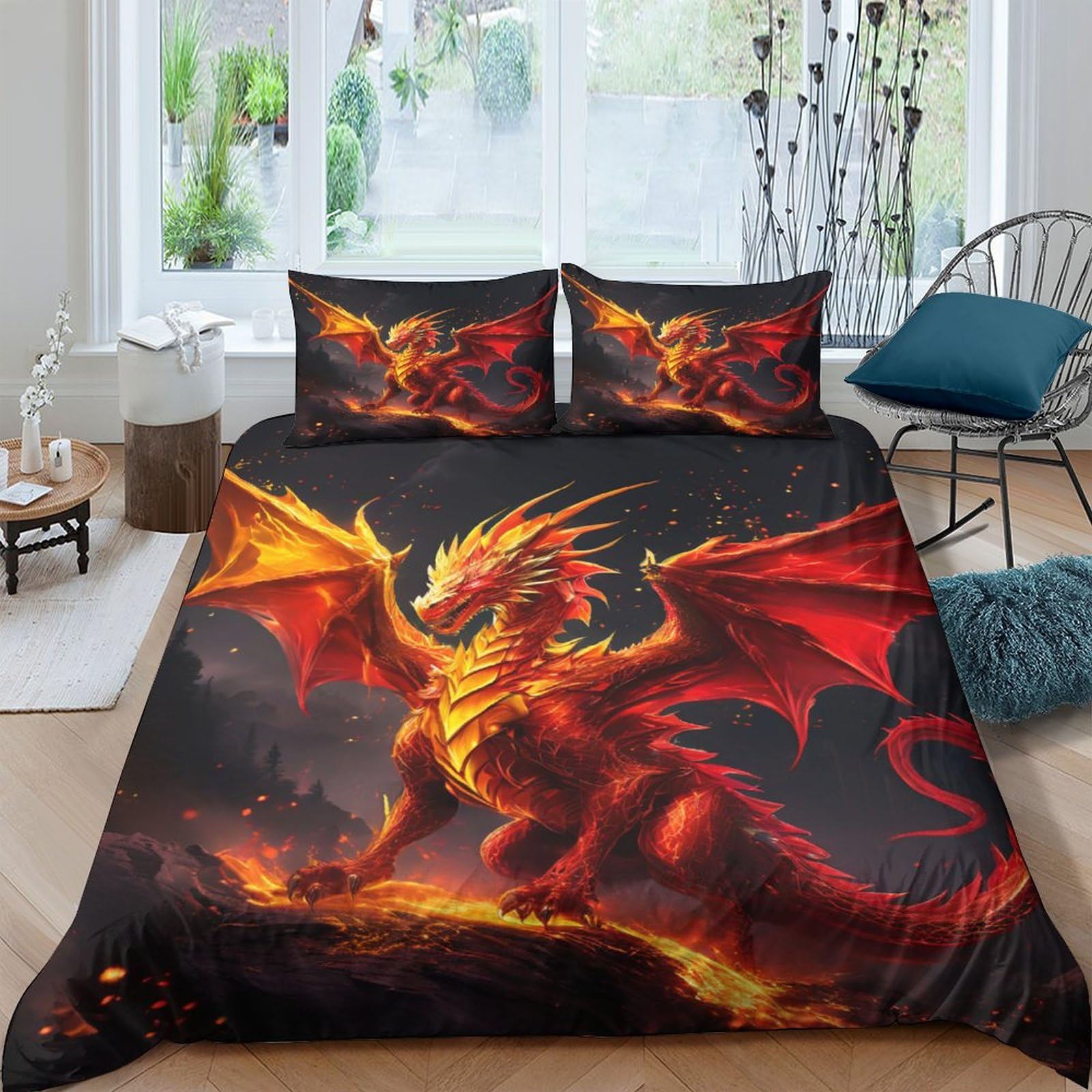QPIRINMEX Flying Dragon 3D Printed Duvet Cover Set Movement Bedding Set Microfiber Quilt Cover Double（200x200cm） with Zipper Closure And 2 Pillowcases 50x75cm
