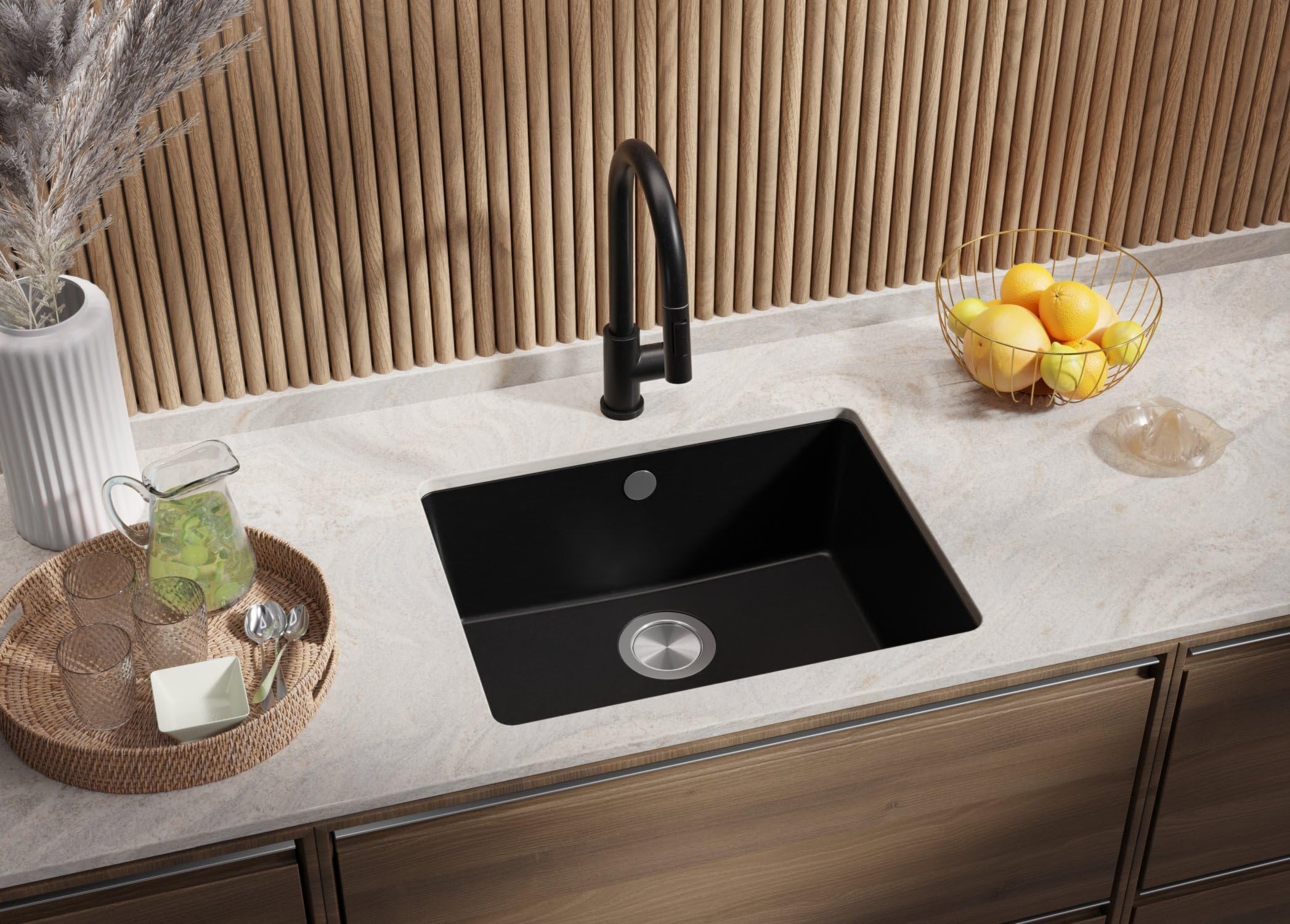 PRIMAGRAN Fregadero bajo Encimera Todo Negro 56x44cm, Cocina 1 Seno + Sifón, Granito al Mueble 60cm - Venecia Easy S067