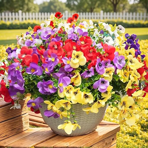 Artificial Flowers for Outdoor, UV Resistant Fake Silk Pansies Flowers,