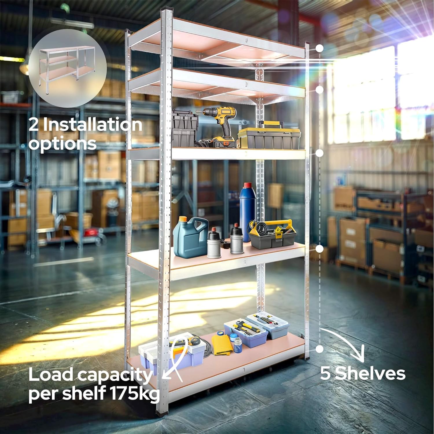 An assembled Arebos shelf showing two installation options: a tall five-shelf unit and a shorter, wider workbench configuration. The image highlights 5 shelves and a load capacity of 175kg per shelf.