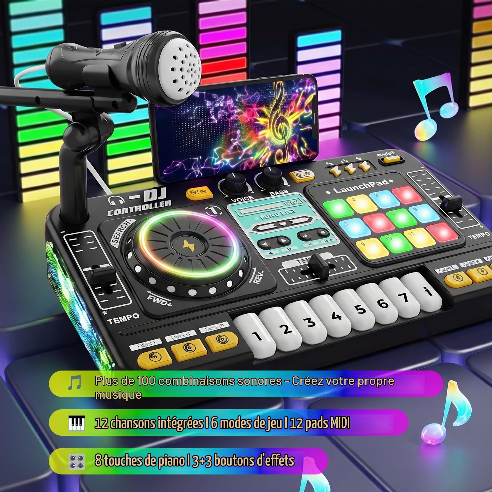 Table de mixage DJ multifonctionnelle pour enfants, avec microphone, plus de 100 effets sonores, batterie, contrôleur d'apprentissage de la musique interactif avec effets lumineux pour enfants de 3 à