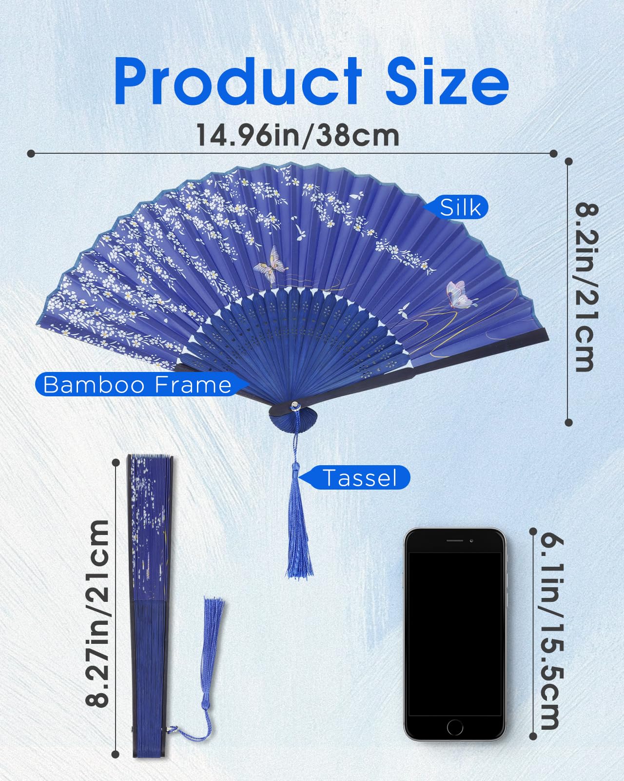 2 wachlarze ręczne, czarne i niebieskie, składane wachlarze z frędzlami, dla ochłodzenia latem, na imprezę, do tańca, na wesele, do dekoracji domu, azjatyckiej dekoracji, cosplay