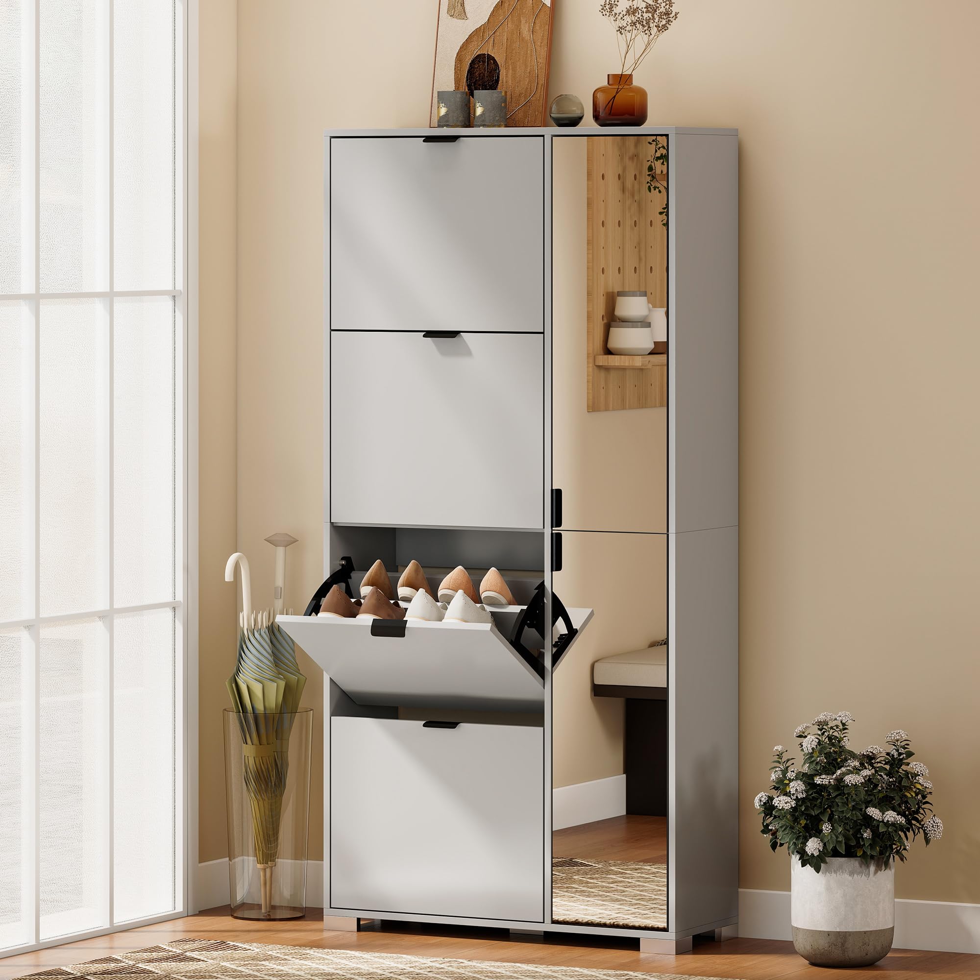 HOMCOM Scarpiera Salvaspazio Slim Alta con 2 Ante a Specchio e 4 Ante a Ribalta, Scarpiera Ingresso con Ripiani Regolabili, 2 Armadietti, 5 Gambe, Porta Scarpe per 16 Paia, 82x30x168 cm, Grigio