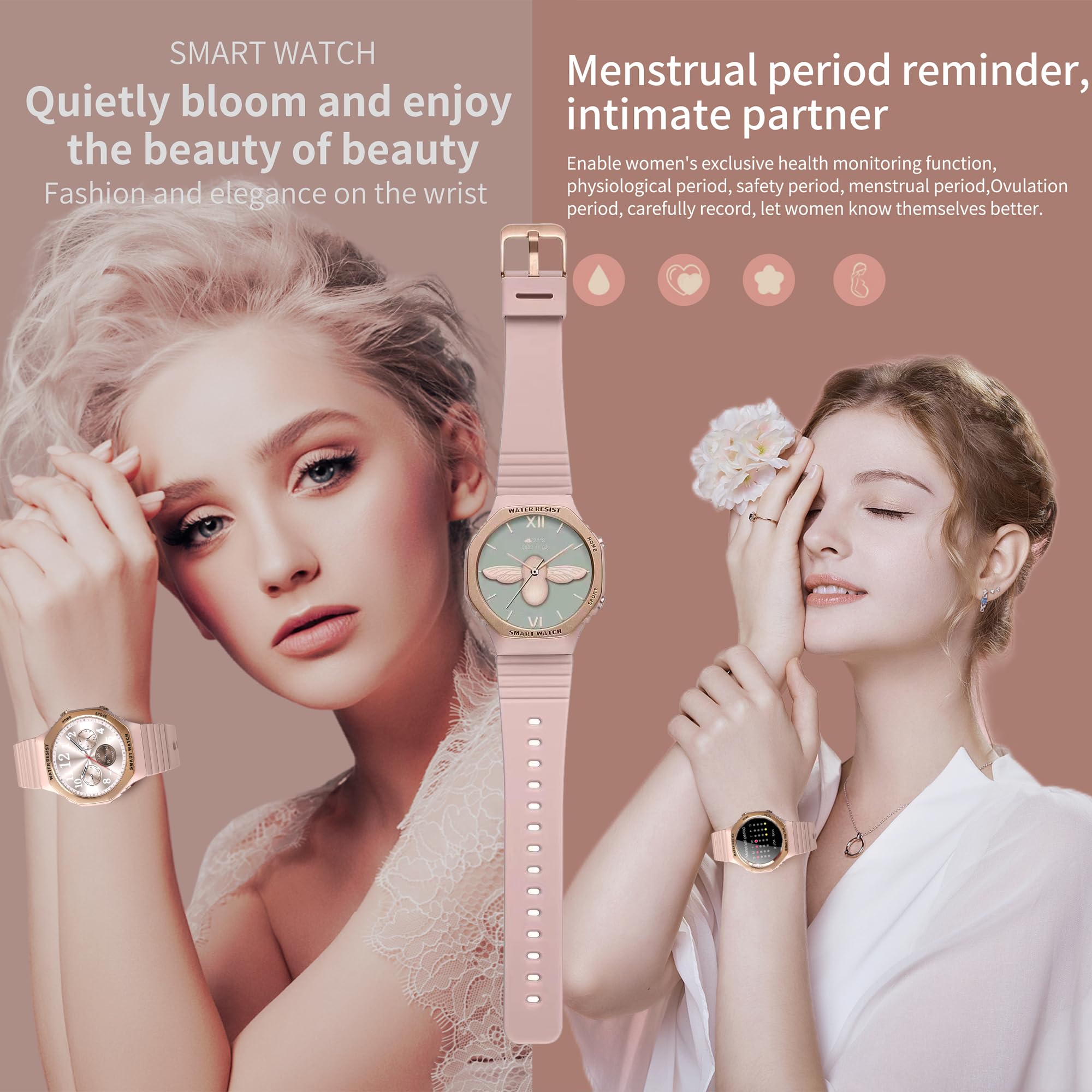 Reloj Inteligente Mujer con Llamadas, 1,32 AMOLED Pulgada Smartwatch Deportivo con Podometro Pulsometro SpO2 Sueño Presion Arterial Pulsera Actividad 5ATM Reloj Digital para iOS Android (Oro)