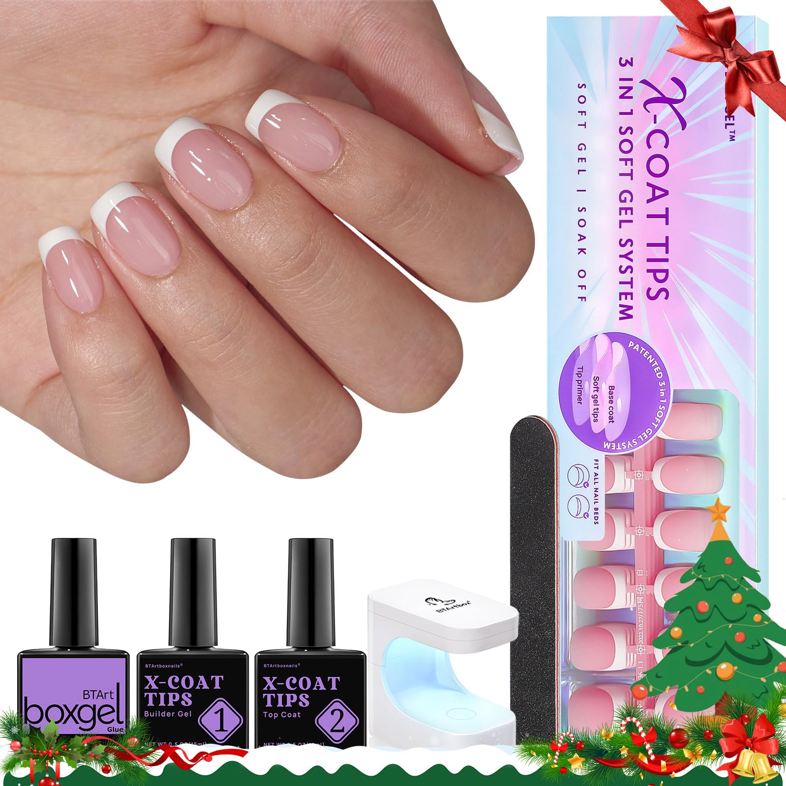 btartboxnails X-coat Tips French Nails - Short Square Nail Tips with Nail Gel, French Protecing Duo, Nail Lamp, All in One Soft Gel French Tip Press on Nails Gel Christmas Nails