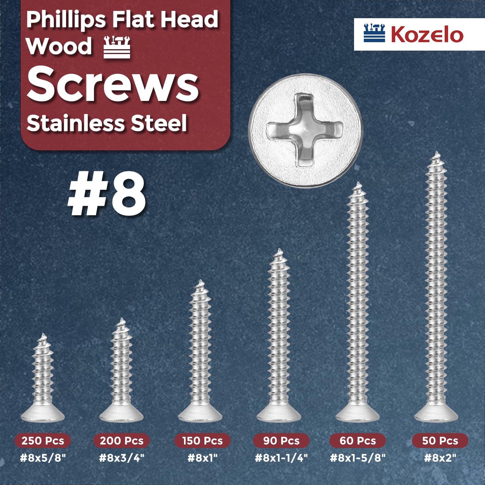800pcs #8 Kreuzschlitzschrauben Flachkopf Holzschrauben Sortiment Kit - [5/8" bis 2 Zoll] 304 Edelstahl 304 Senkkopfschrauben selbstschneidend silber