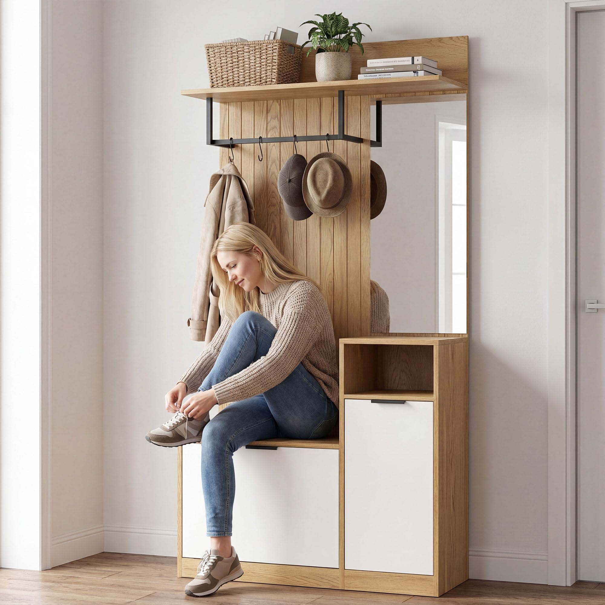 HOMCOM Appendiabiti da Ingresso con Specchio, 4 Ganci, Panca e Scarpiera, Mobile Appendiabiti con Armadietto e Ripiano Aperto, Gambe in Legno, per Ingresso Corridoio, Rovere e Bianco