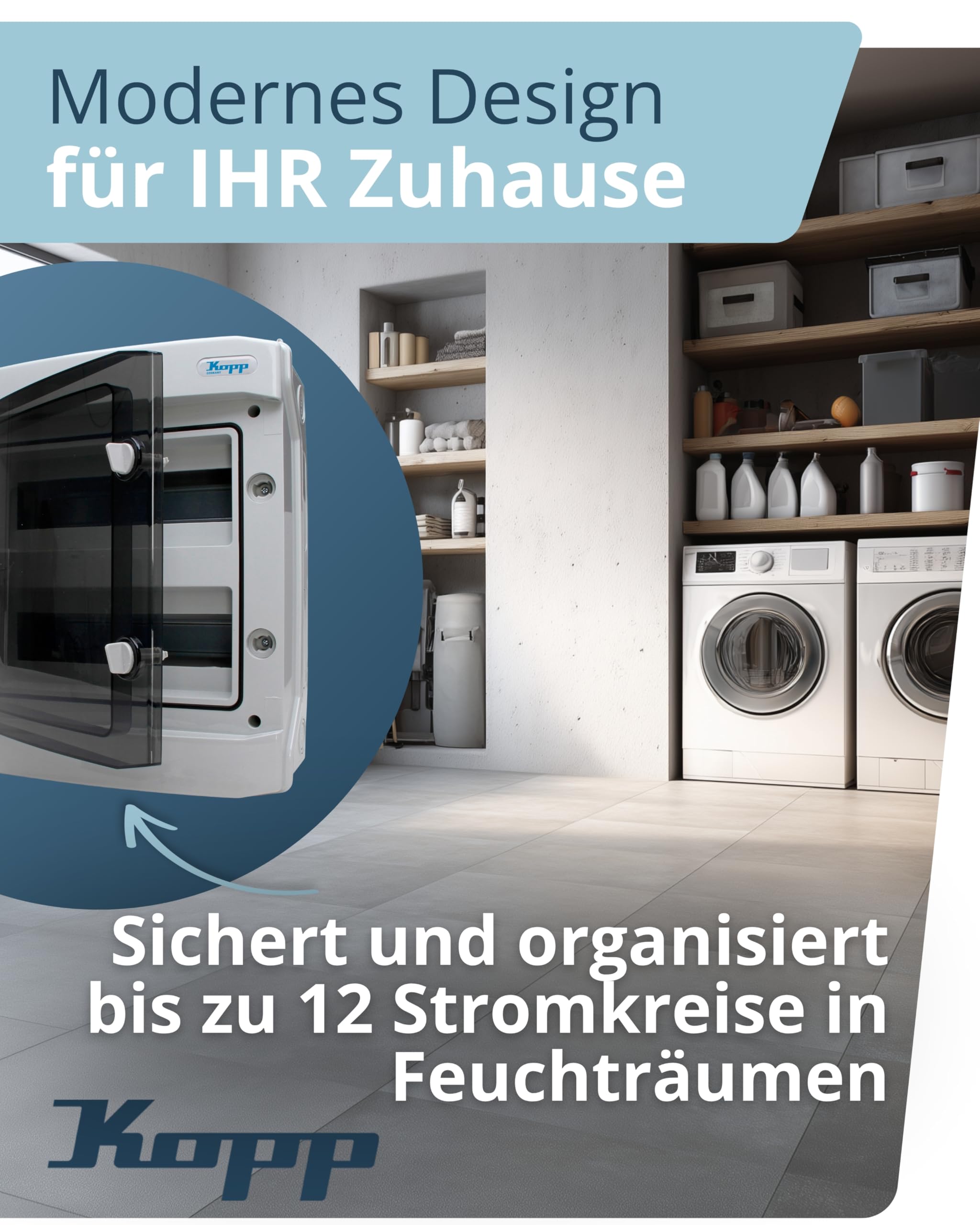 Kopp Aufputz-Feuchtraum-Verteiler in grau/schwarz - Mit Tür, Klemmleiste & Zubehör - Robuster 2-reihiger Verteilerkasten für 24 Pole - 319×384×144 mm - Staub- & spritzwassergeschützt