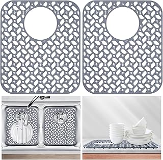 Silicone Kitchen Sink Mat MOSTWOGO-2 Pack Sink Protector for Bottom Kitchen Sink Stainless Steel,No-Slip Scratch-Resistant Sink Grid Grate Accessories(Rear Drain,Grey,13.58'' x 11.6'')