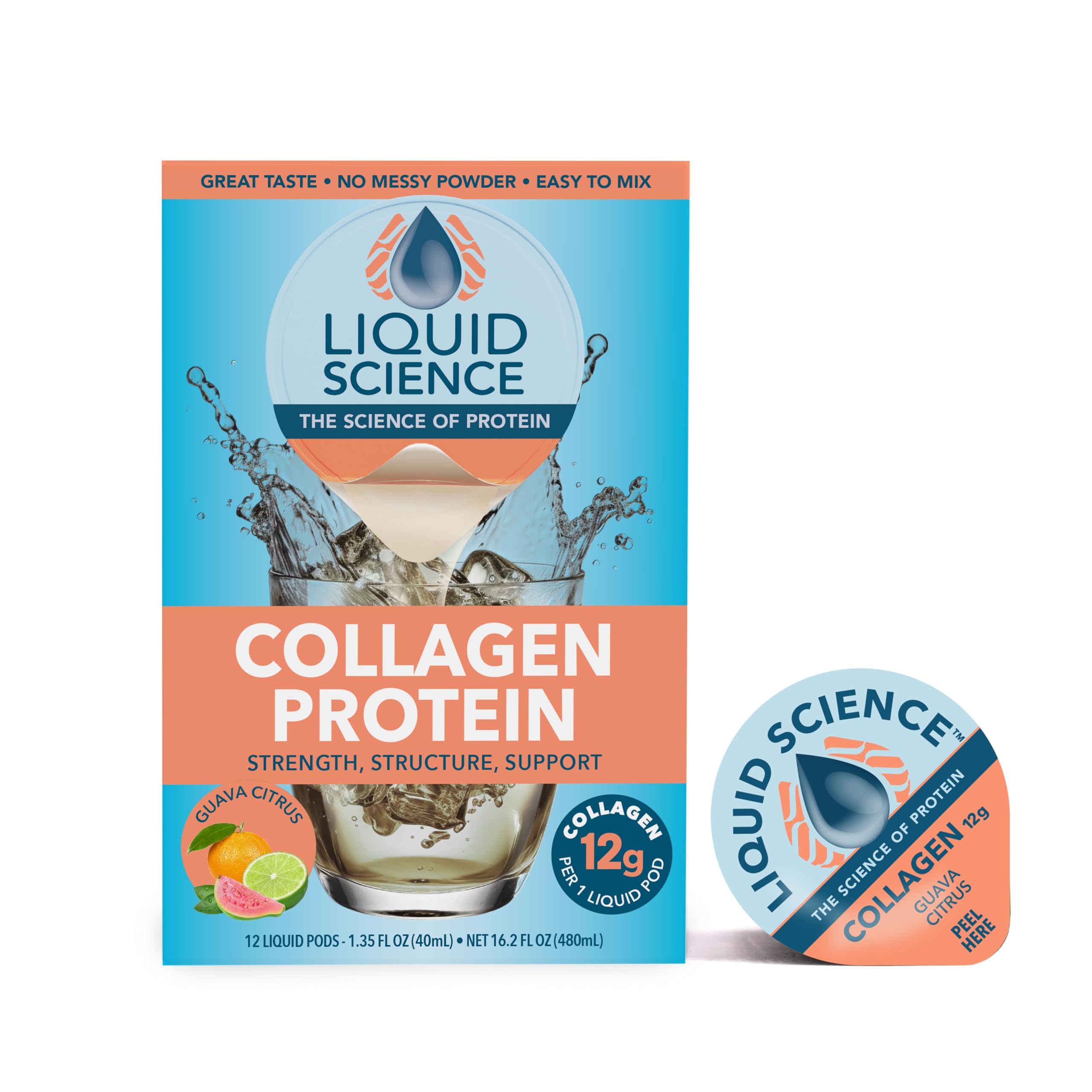 Liquid Science Guava Citrus Collagen Protein Drink Mix Pods, Pack of 12