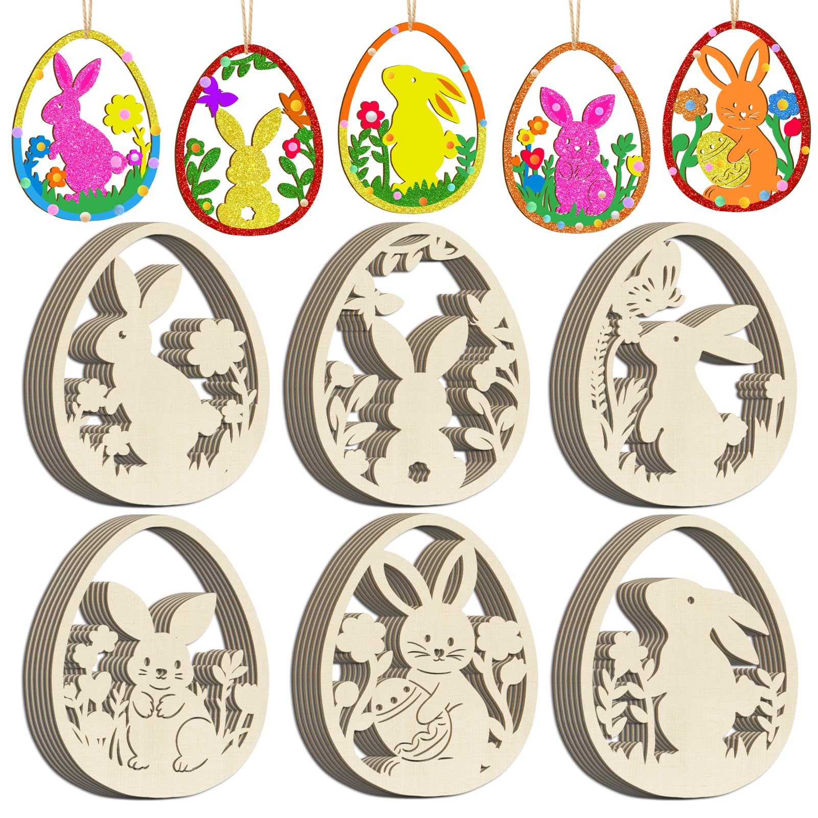 36 Pcs Easter Egg Crafts Kits for Kids 6 Styles DIY Wooden Egg Bunny Ornaments Craft Kits Blank Unfinished Paintable Slices Easter Hanging Decorations for Classroom Activities Art Project (Flowers) — image 1