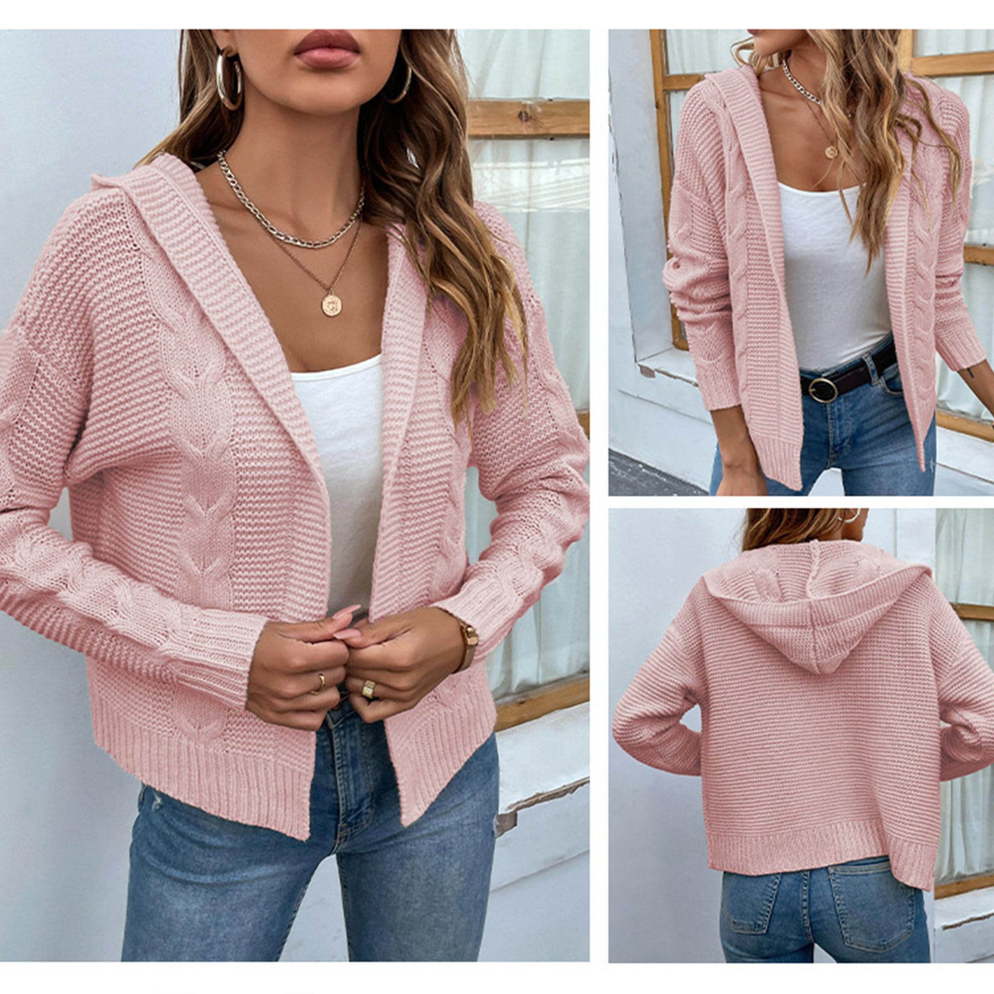 Womens Solid Color Hooded Cardigan Chunky Knit V Neck Shawl Lapel Collar Top Casual Long Sleeve Twist Sweater Coat (Medium,Pink)