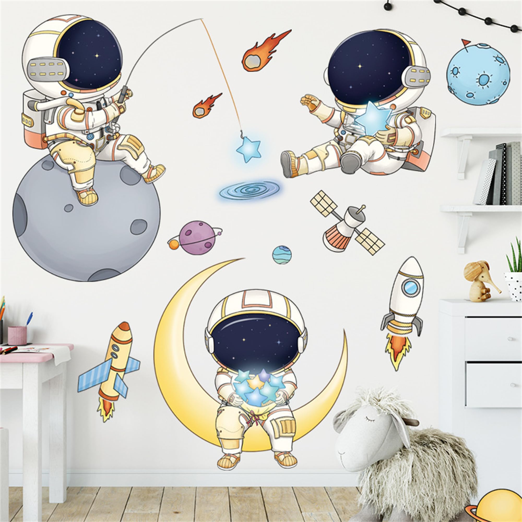 WAFT YEARN Astronaut Universe Outer Space Moon Star Space Ship Wall Decal Removable Wall Sticker Decor for Nursery Classroom Bedroom Bathroom Boys Girls Room Playroom Colorful Peel and Stick Decals