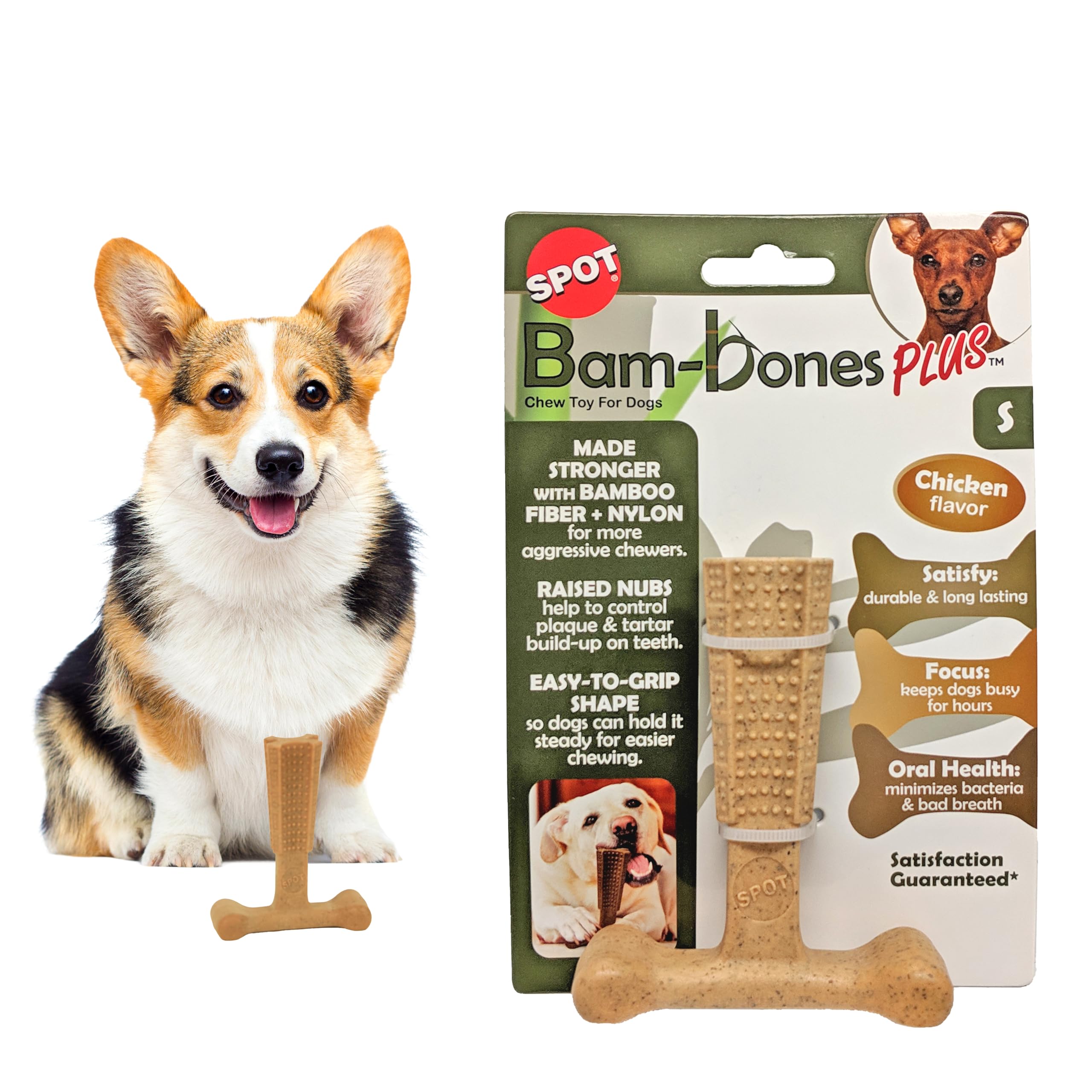 SPOT Bam-Bones Plus T-Bone Dog Chew, Chicken, 4in, 10-30 lb Heavy Chewers | Nylon & bamboo fiber; Moderate to heavy chewers; Dogs 10-30 lbs; Non-splintering; Textured dental nubs; Chicken flavor