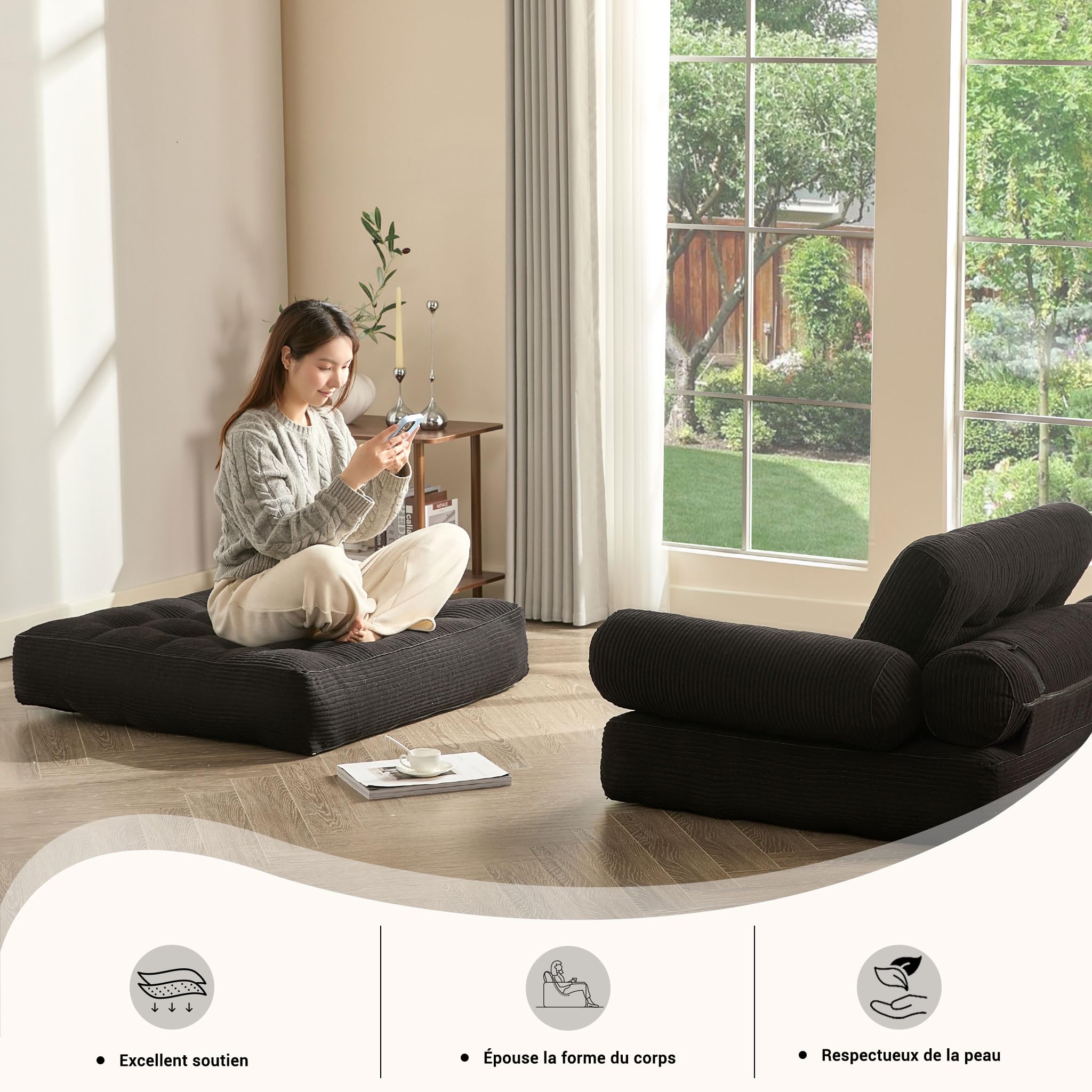 Divano letto pieghevole – Divano a sacco – Poltrona relax, divano gioco, divano letto e letto degli ospiti per piccoli spazi, poltrona per camera da letto e soggiorno (Nero, 89,9 cm)