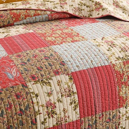 Miniatura 4 de Autumn Dream Juego de colcha de algodón reversible, juego de ropa de cama reversible, colcha de retazos florales vintage rojo y azul, tamaño King