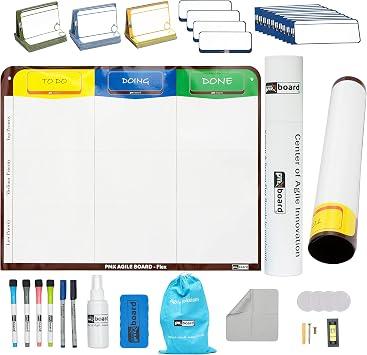 3 Column Magnetic Kanban Board, Scrum Board Flex Whiteboard Kit. Agile Kit, 47 Magnetic Kanban Cards, Scrum Cards Set. Project Management Board for Project Planning, Kanban Whiteboard Kit
