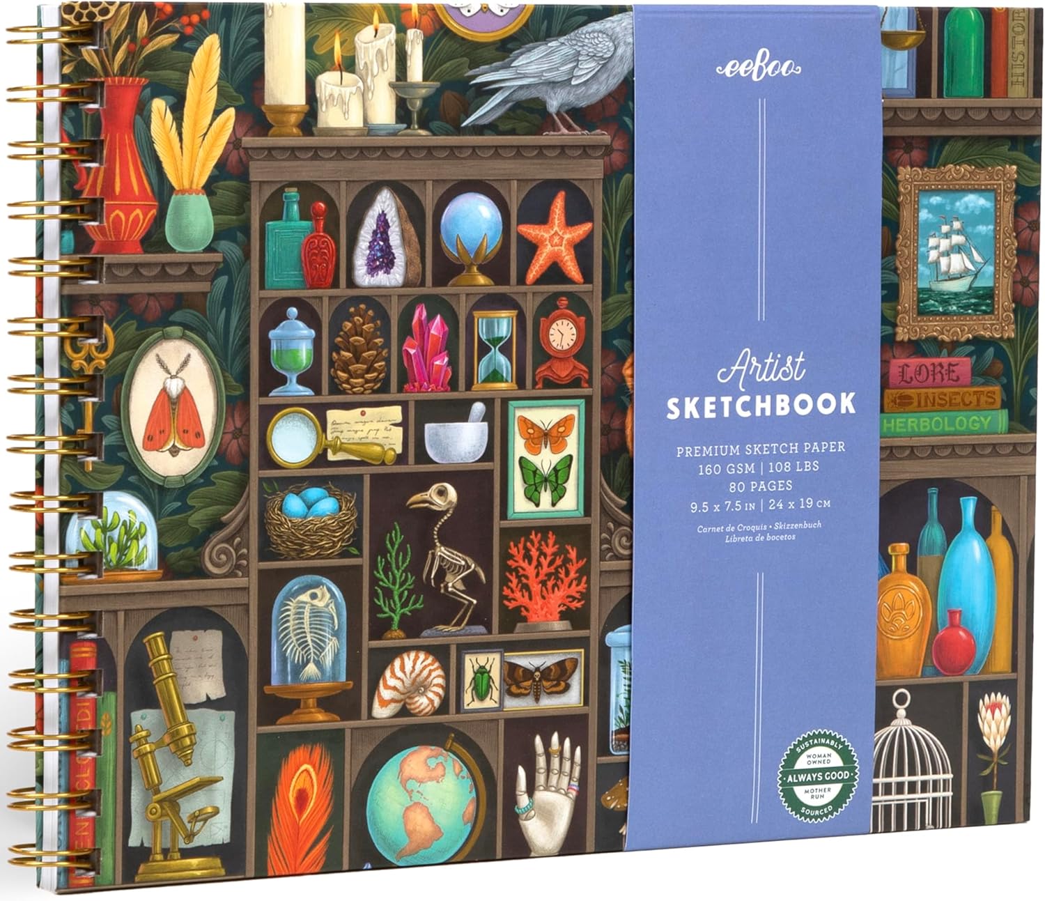 eeBoo Piece & Love: Artist Sketchbook - Alchemist'ss Cabinet - 80 Pages, 9.5x7.5 Hardcover Spiral Book, 160 GSM, 108 LBS Drawing Paper, Alchemy Cover