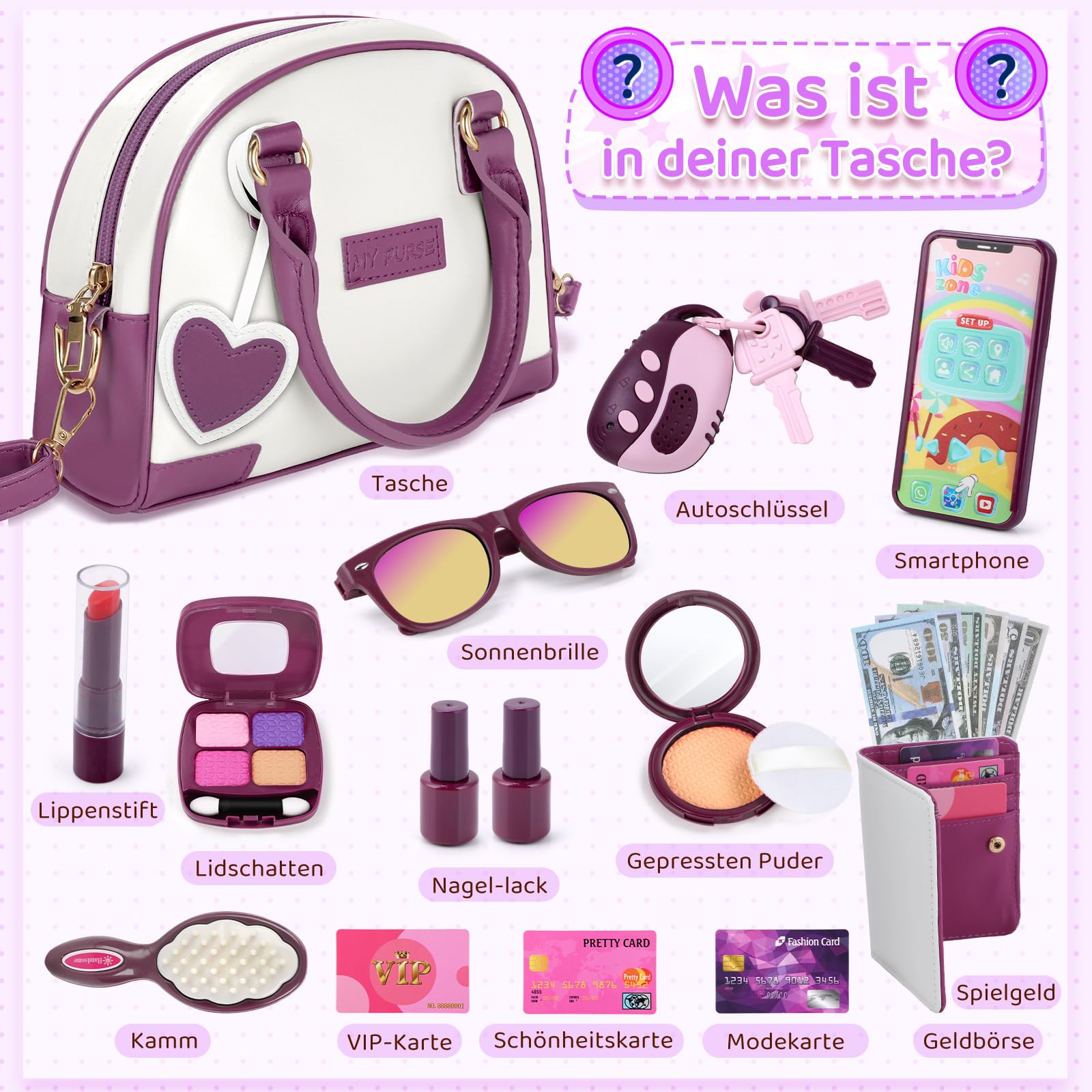 Handtasche Für Kinder Mädchen Mit Make-Up Vortäuschen - Mein Erstes Handtaschen-Set mit Handtasche, Handy, Geldbörse, Schminkspielzeug und mehr für Mädchen ab 3 Jahren, Geschenkidee für Kinder