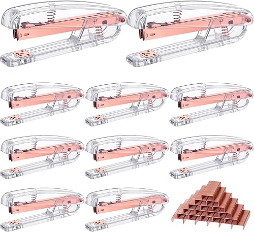 Yexiya 10 grapadoras acrílicas a granel para oficina, engrapadora de escritorio de oro rosa con 10000 grapas, grapadora transparente, suministros de
