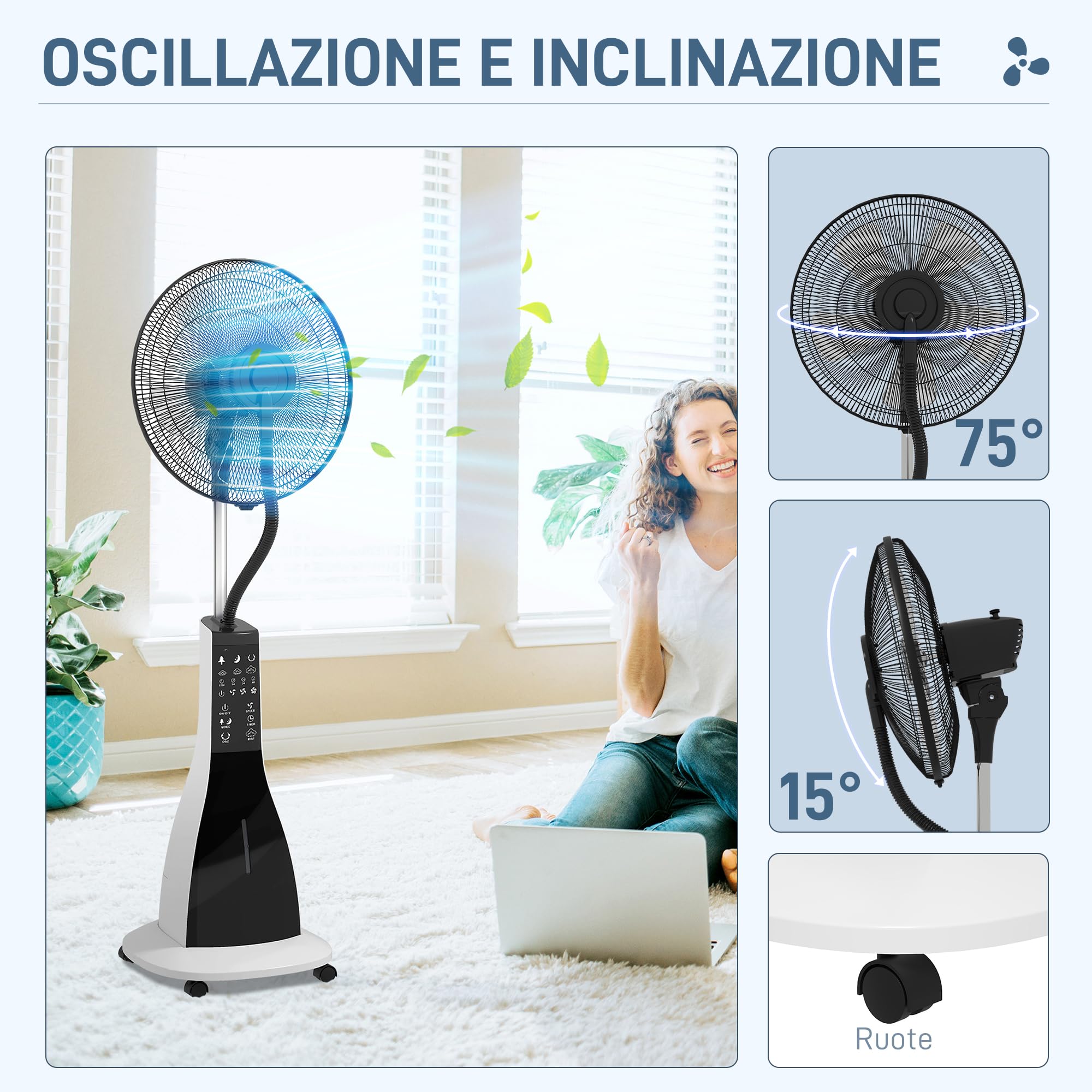 HOMCOM Ventilatore Nebulizzatore con Serbatoio 3L, Timer, 3 Modalità e 3 Velocità, Ventilatore a Piantana con Telecomando in Metallo e ABS, 44.5x38.5x120 cm, Bianco e Nero