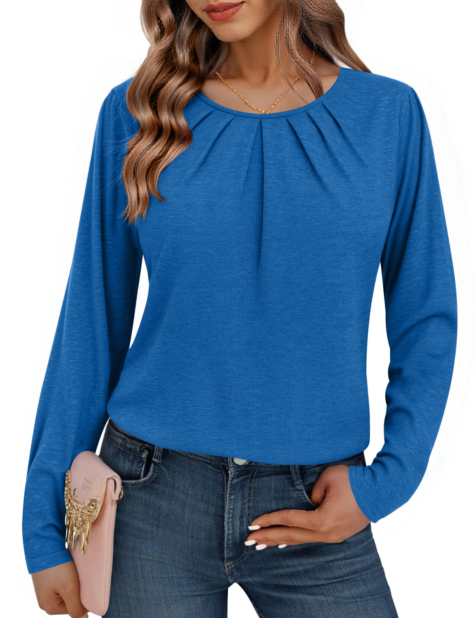 Totatuit Langarmshirt Damen Rundhals Longshirt Solide Bluse Elegant Basic T-Shirt Lässig Oberteile mit Raffung für Frühling Herbst