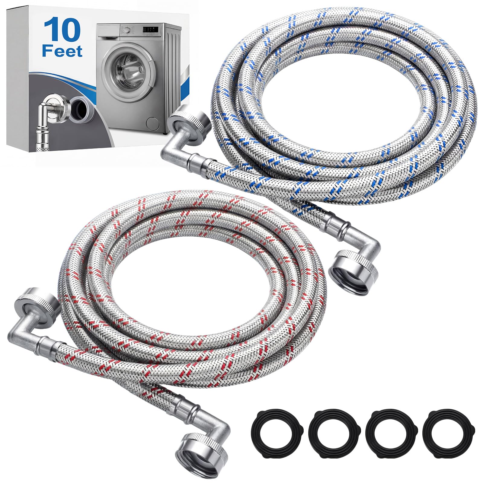 Otoolling 2 Pack 10ft Stainless Steel Washing Machine Hose with Double 90 Degree Elbow for Tight Spaces Proof Hot and Cold Water Supply Hoses 3/4" FHT Connectors for Wash Machines