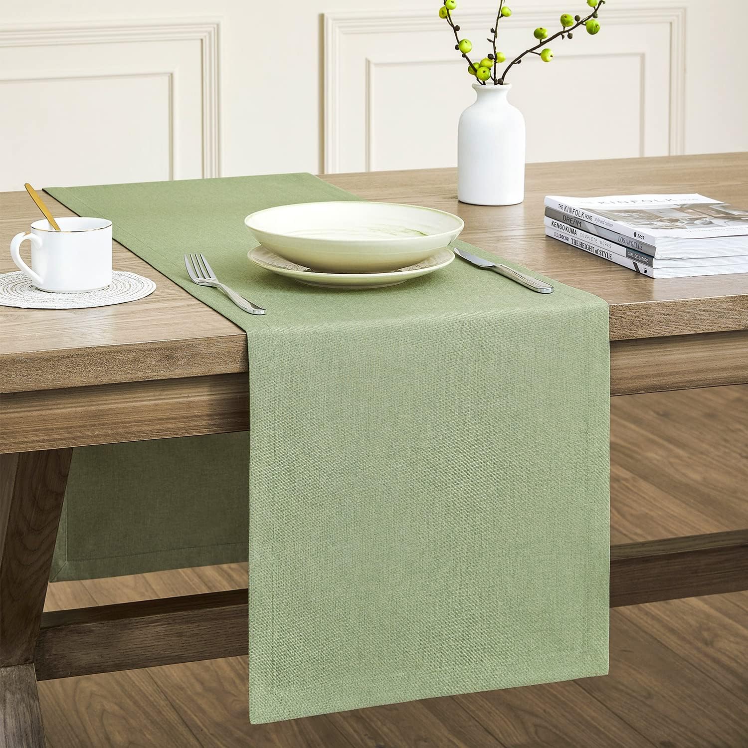 ZeeMart Basic Linen Style Table Runner, 14 x 60 Inch Sage Green, Rustic Farmhouse Green Table Runners 60 Inches Long, Everyday Polyester Table Runner - Machine Washable & Easy Care