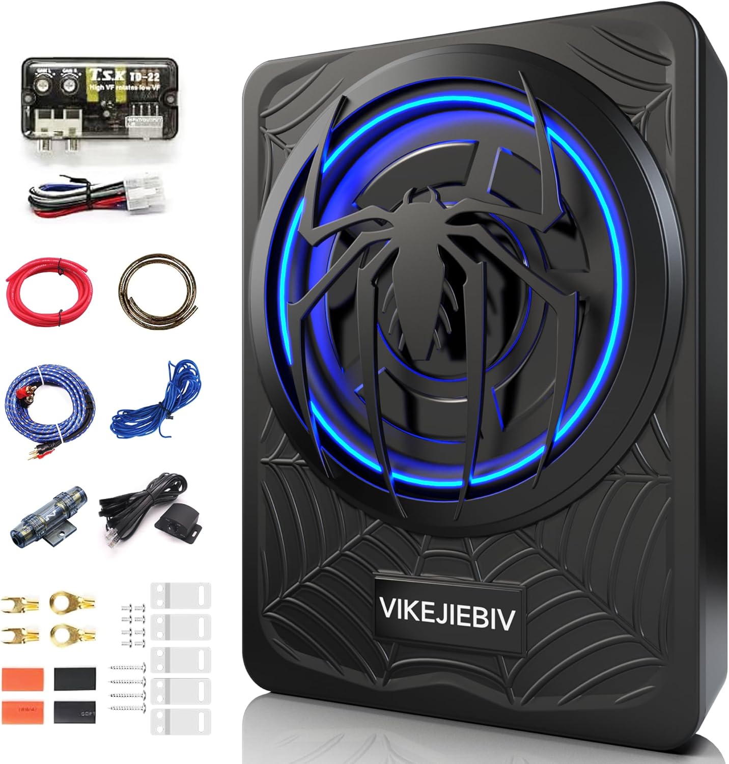 VIKEJIEBIV 1200W Slim Underseat Subwoofer Amp Package with Beat-Synced Lights - Deep Bass for Trucks SUVs Jeeps MPVs (Black)