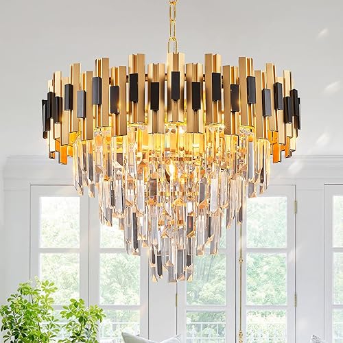 CATINER Candelabros modernos de cristal, negro y dorado, gran lámpara redonda de 20 pulgadas para comedor, lámpara colgante de techo de lujo de 4