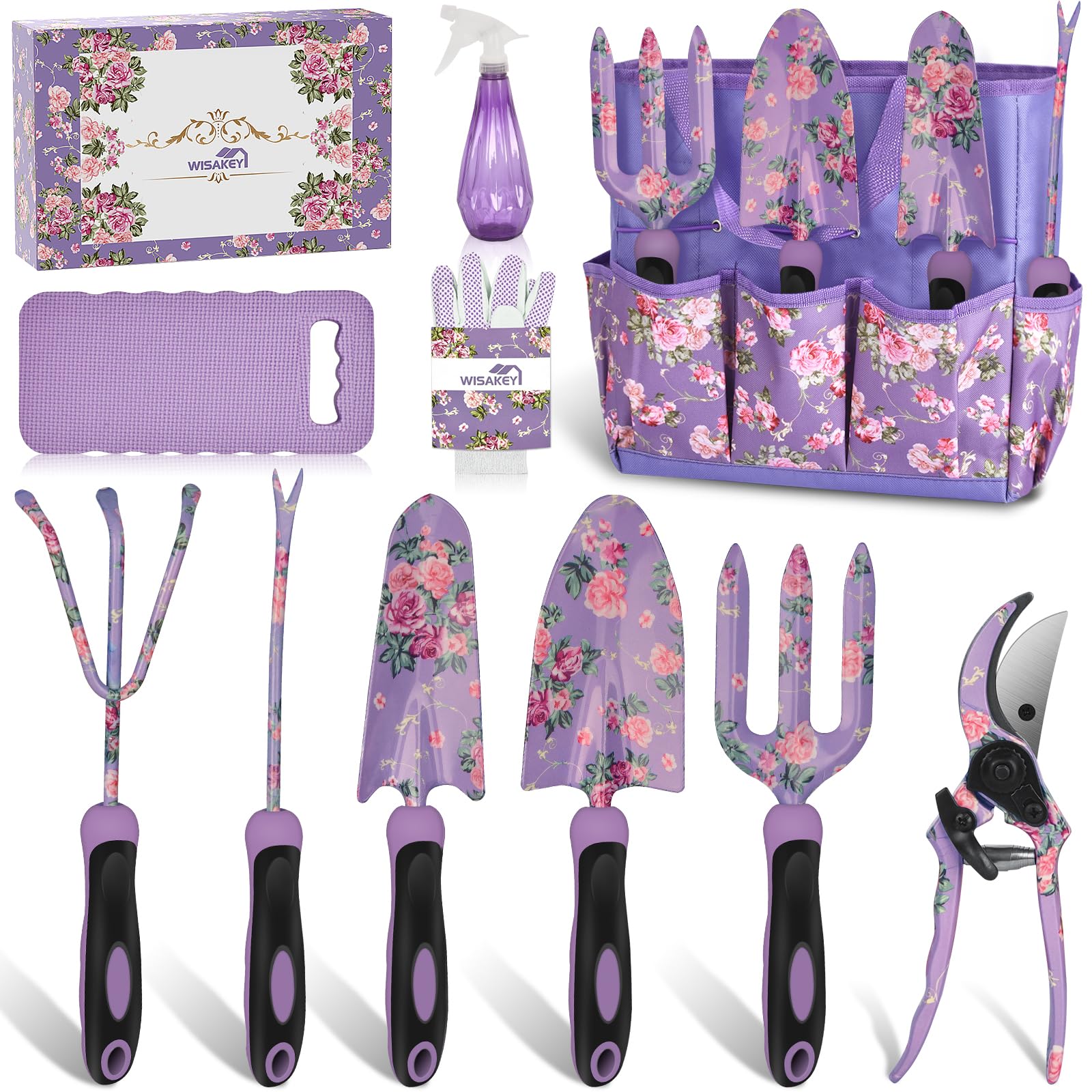 Gardening Tools, WisaKey 10 Piece Heavy Duty Purple Garden Tool Set Durable Garden Supplies Organizer Bag Garden Hand Tools Gardening for Women Grandmother Granny White Elephant Gifts