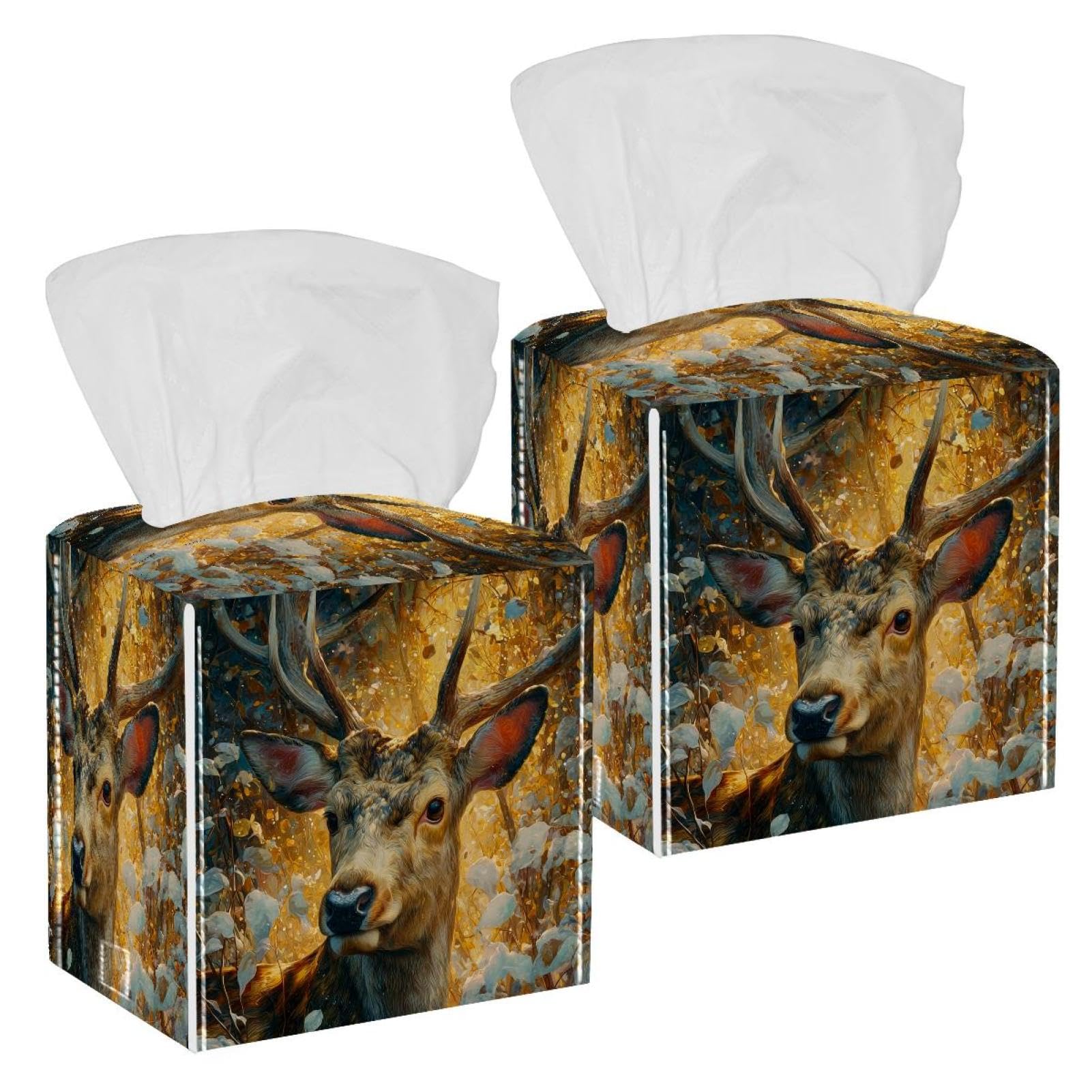 Deer and Flower Tissue Box Cover, 2 Pack PU Leather Square Facial Tissue Dispenser Box holder for Home Office Car