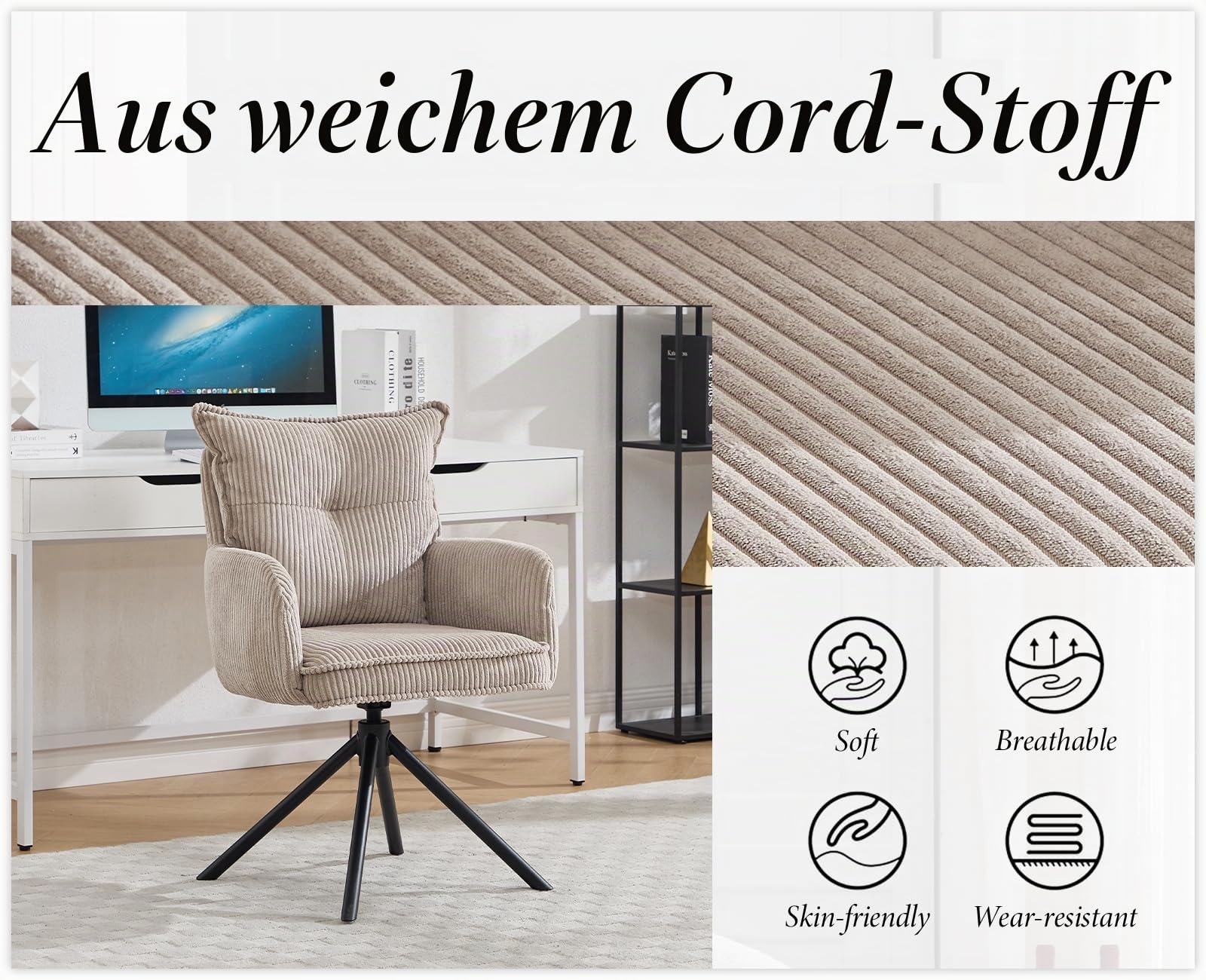 Ya-Home Modern Bürostuhl 360° drehbar mit Armlehnen Kordsamt, Grau