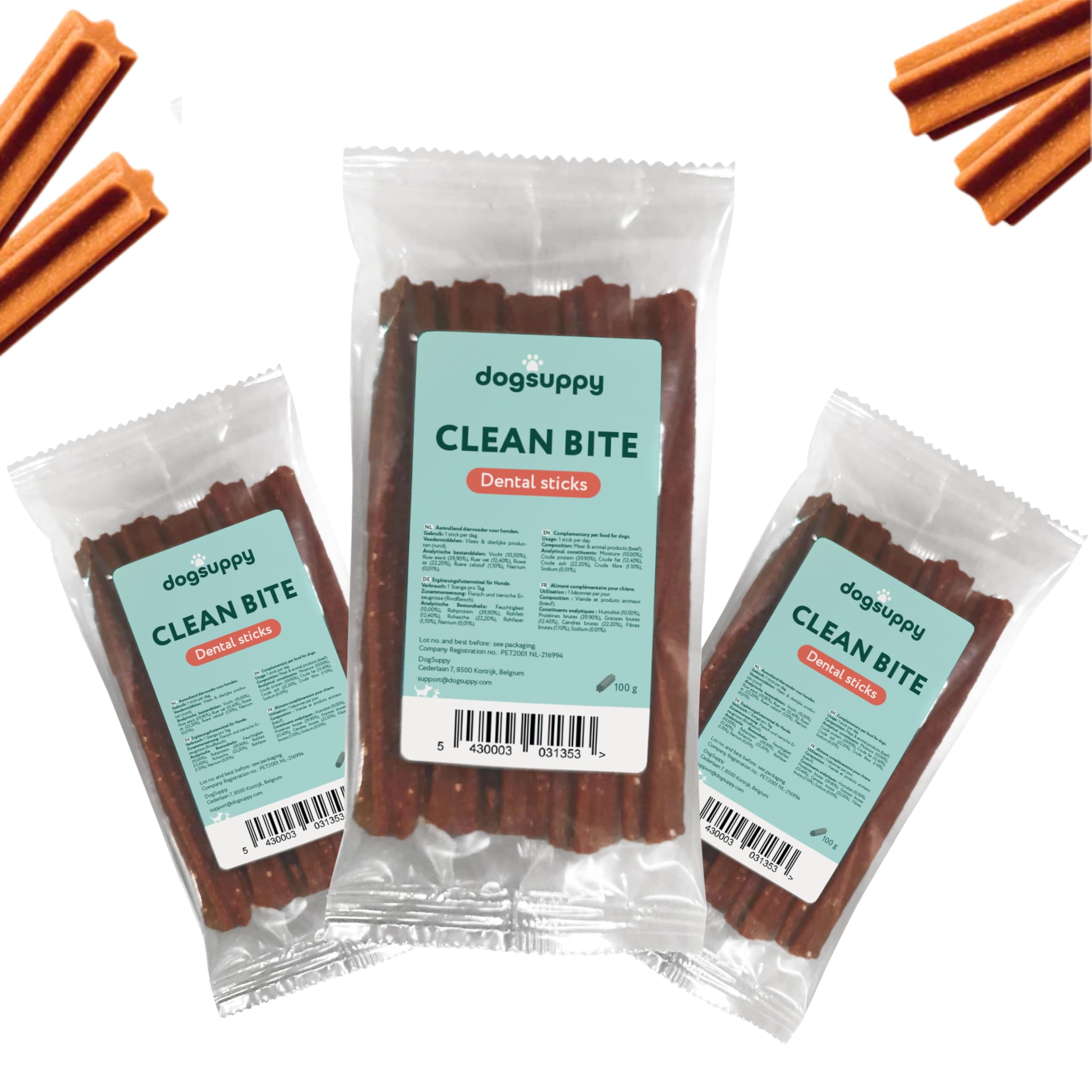 DogSuppy Clean Bite Dental Sticks For Dogs - Clean Teeth, Fresh Breath & Healthy Gums, Helps Remove Plaque & Tartar, 100% Natural, Calcium, Eucalyptus & Peppermint - Beef Taste | 15 Sticks (300g)