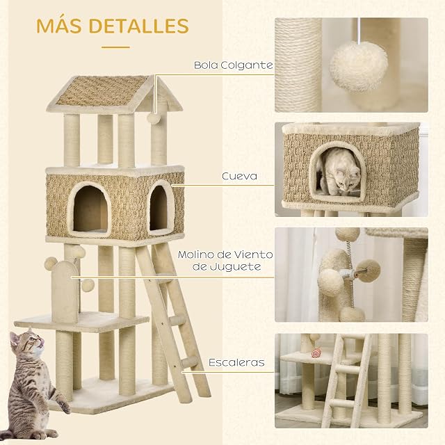 Foto 4 de 8 de PawHut Árbol Rascador para Gatos Grande Altura 131 cm con Cueva de Algas Postes de Sisal Natural Plataformas…