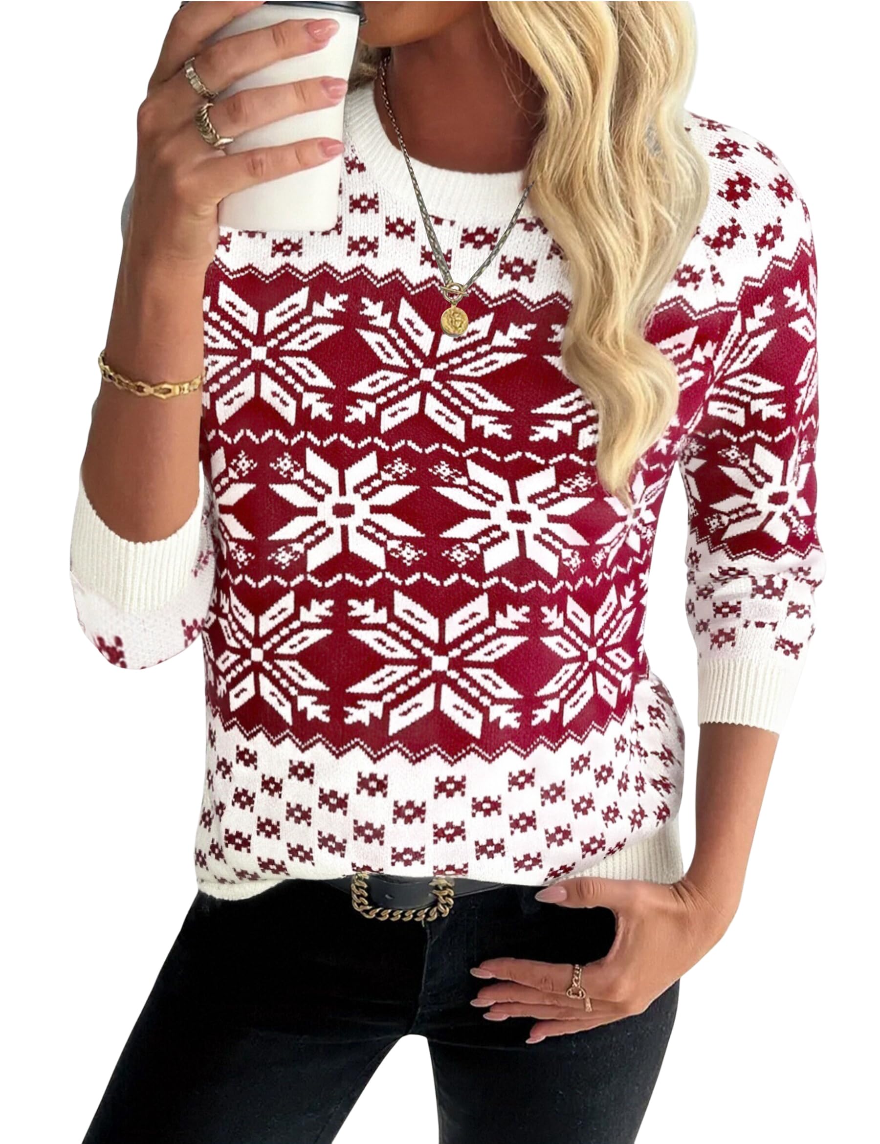 Demegimi Weihnachtspullover Damen Norweger Schneeflocken Winter Pullover Warm Strickpullover Rundhals Langarm Christmas Sweater