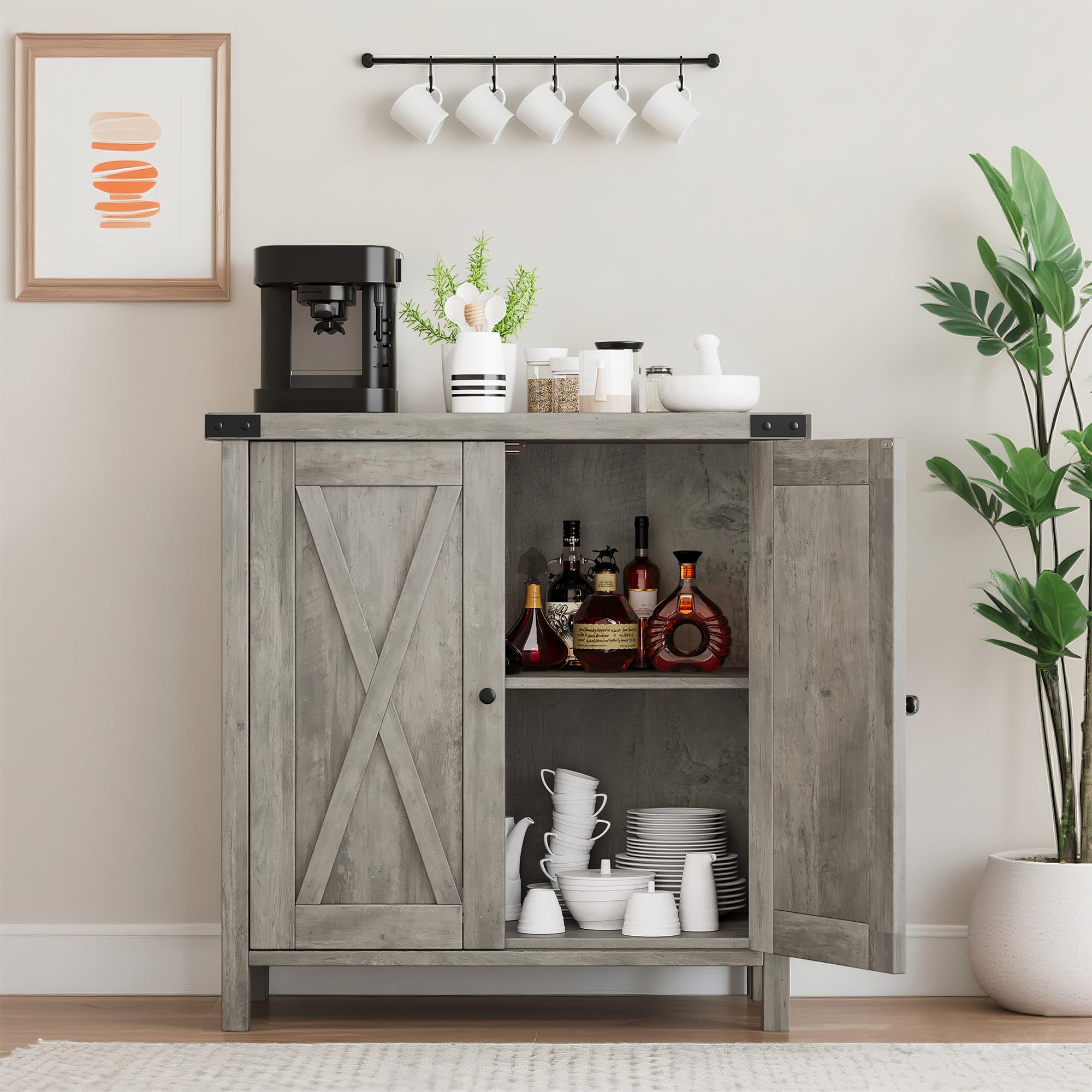 Buffet, armoire de cuisine avec portes, plan de travail et étagères réglables, style maison de campagne pour cuisine, salle à manger, salon, 76 x 40 x 80 cm, gris