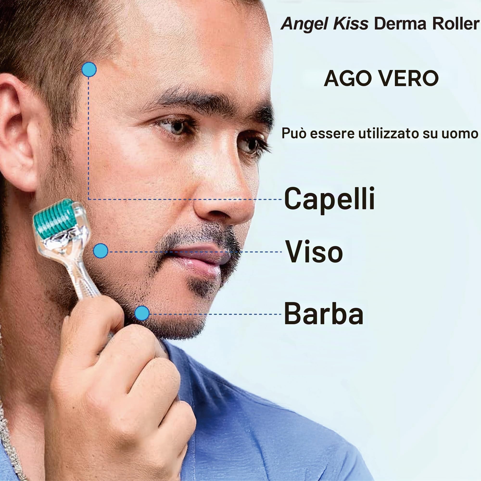 Angel Kiss Derma Roller 0,5 mm aghi veri – 192 singoli aghi in titanio – Rullo per microneedling per viso, corpo, barba, cuoio capelluto e cura della pelle