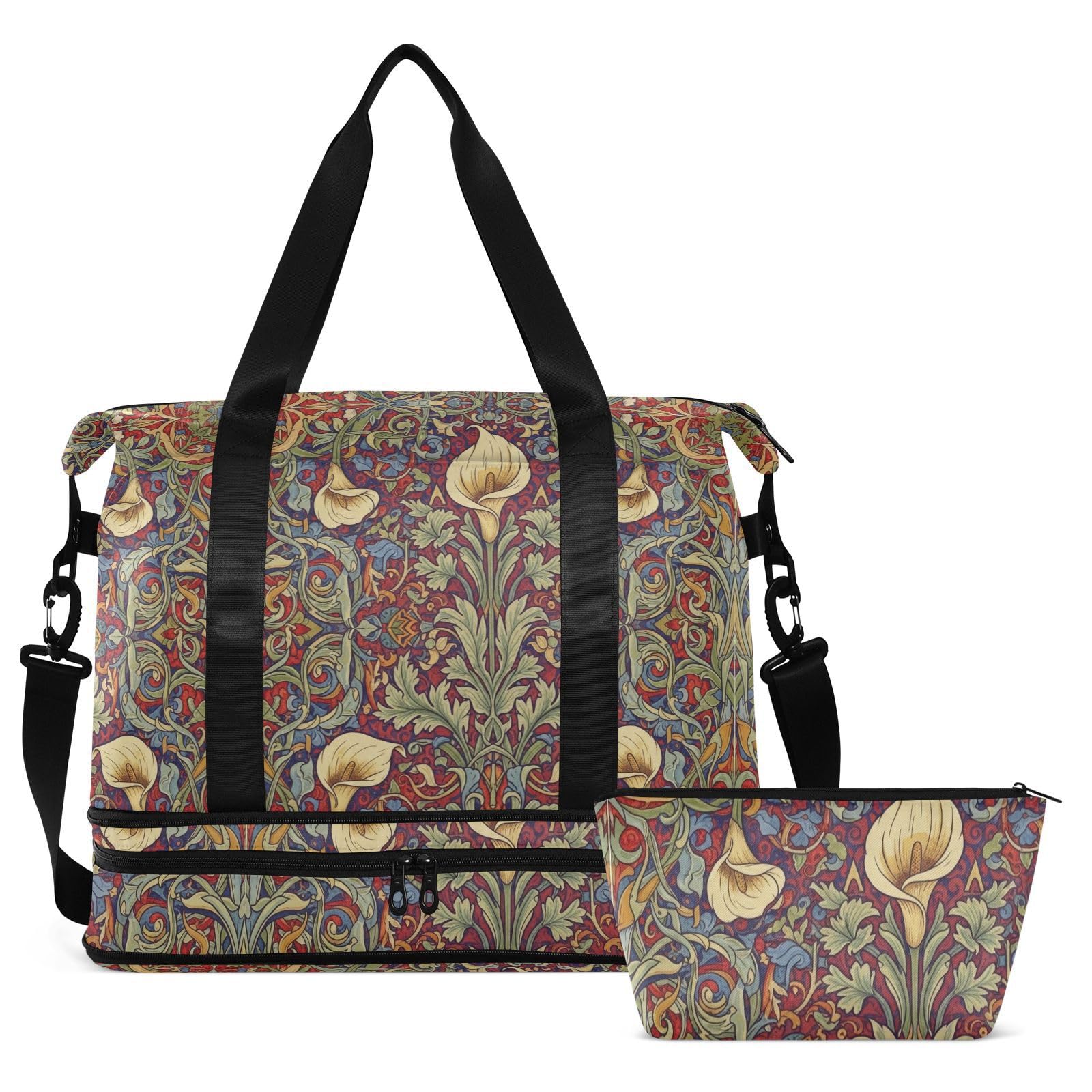 Calla Lily Red Blue William Morris - Bolsas de viaje con bolsillo húmedo con correa ajustable para senderismo, juego de 2 piezas para hombres y mujeres