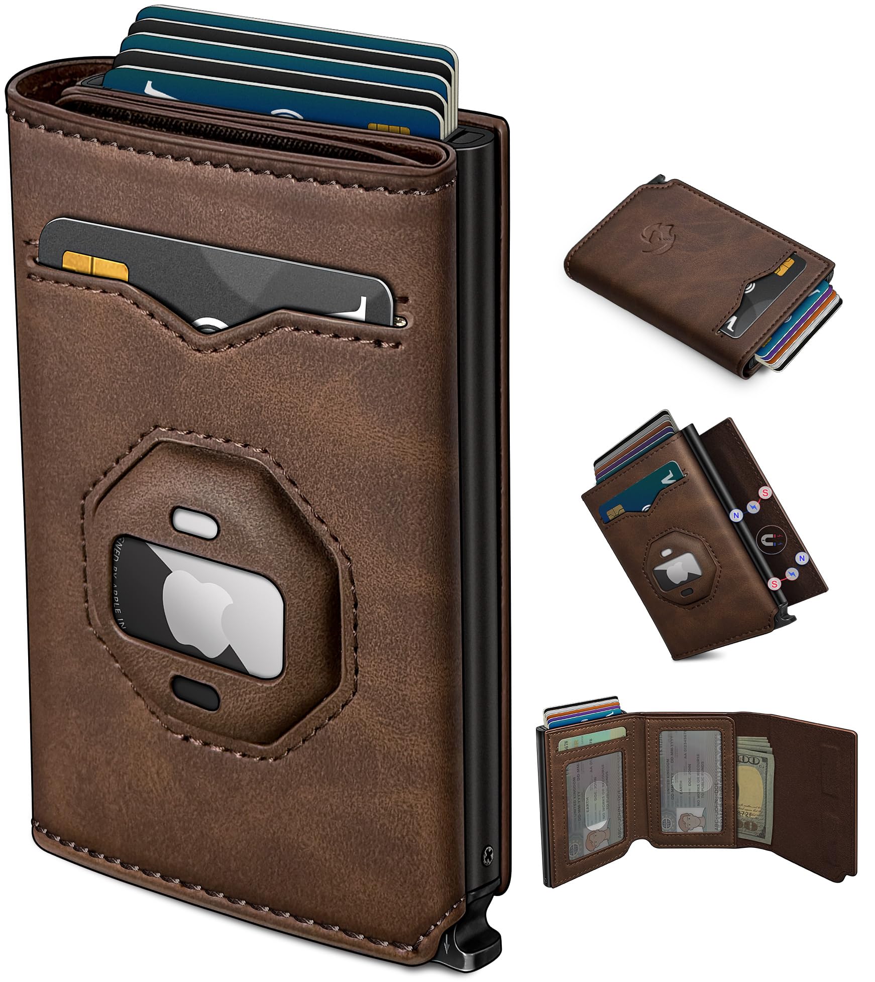 Housmai Airtag Wallet for Men,with Cash Pocket 2 ID Window 10+ Cards,Metal Case Smart Slim Pop Up Credit Card Holder Flip wit