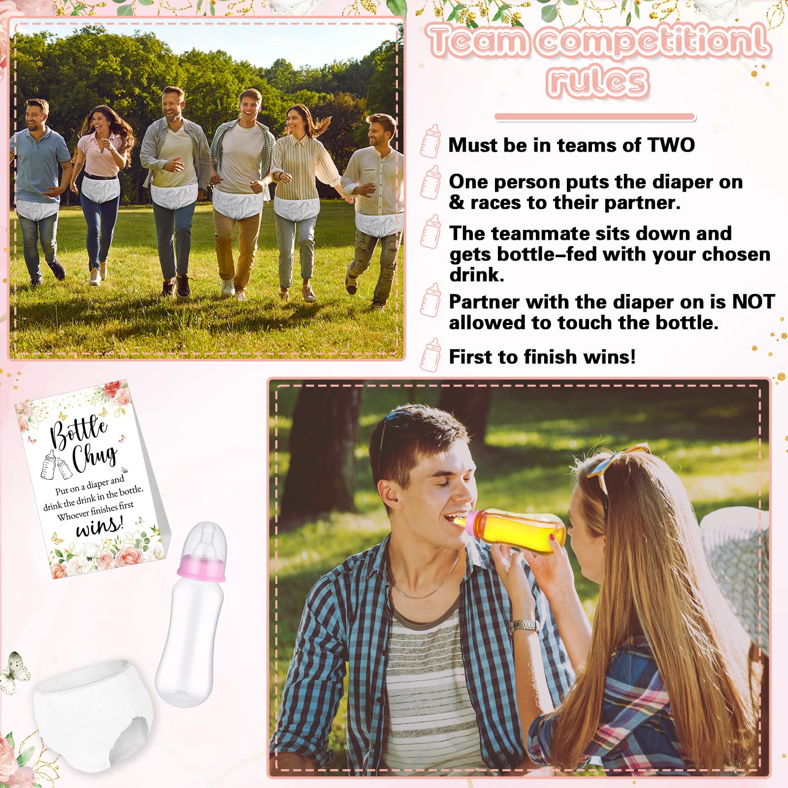 Juego de 17 piezas para baby shower, juego de regalo para el cambio de pañales, incluye 8 divertidos tragos de botellas de plástico, 8 pañales desechables y 1 letrero de juego para fiesta de