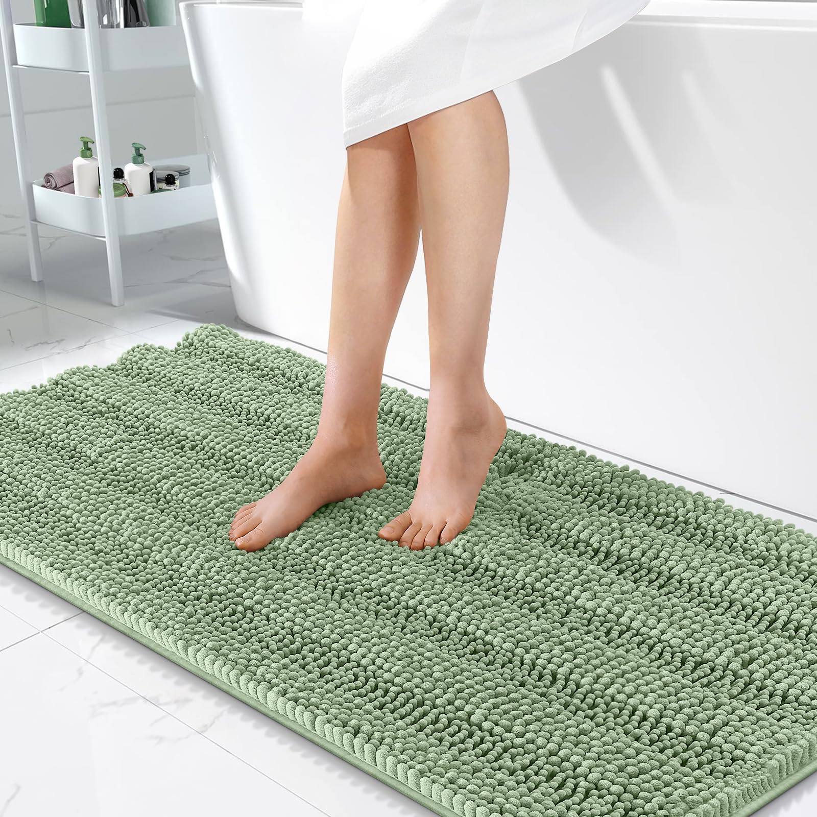 OLANLY Thick Bathroom Runner Rugs 47x24, Chenille Bath Rugs, Sage Green