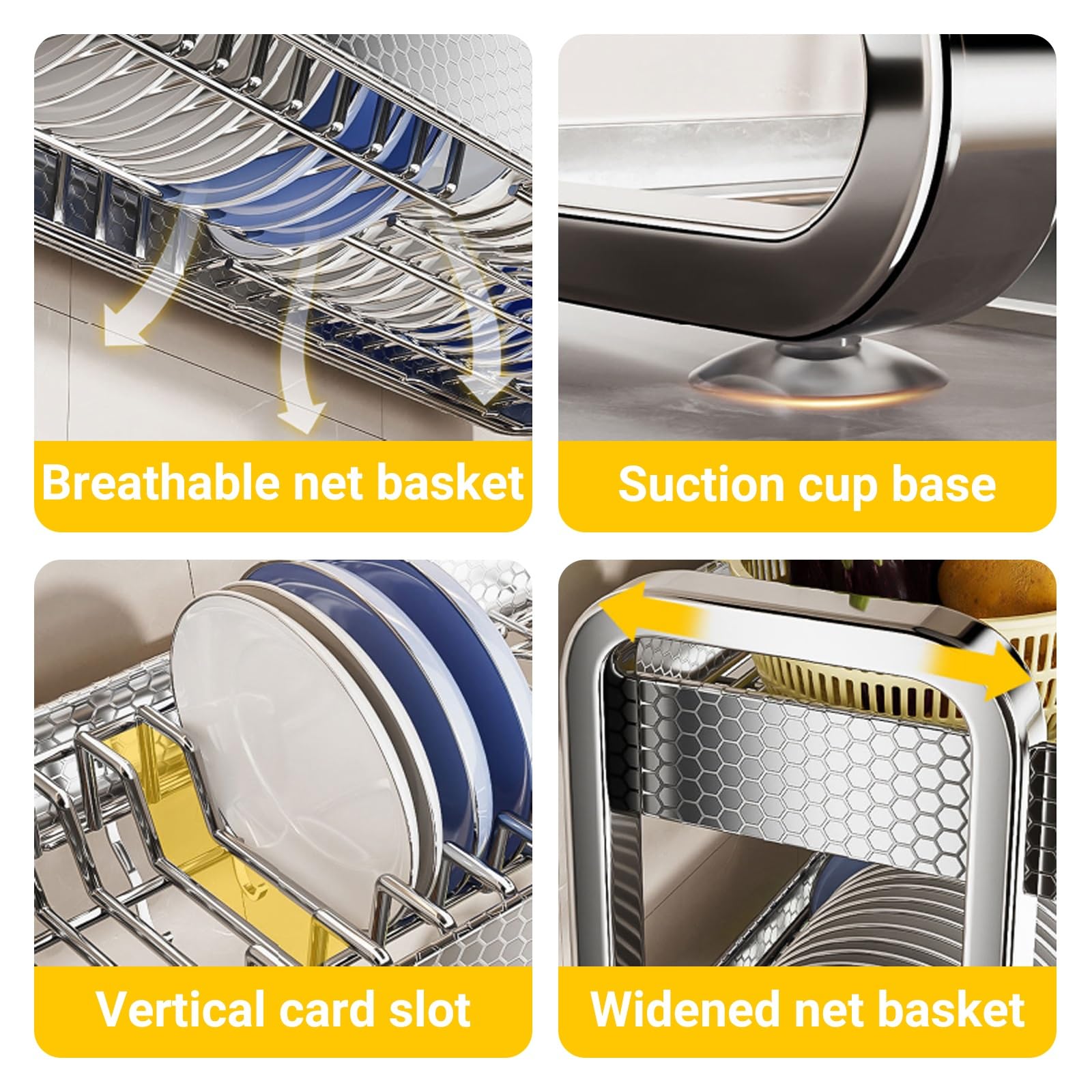 Escurridor de platos de acero inoxidable de 2 niveles sobre el fregadero, escurridor de encimera de cocina con soporte para utensilios para platos, vasos y cubiertos