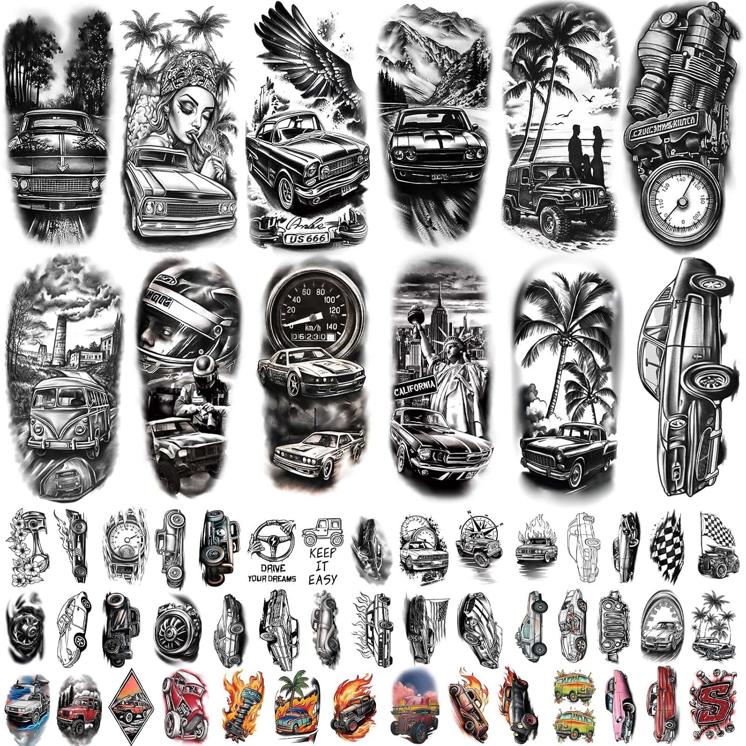 77 Sheets Car Temporary Tattoo Adult Teen Kid Realistic Half Sleeve Fake Tattoos Stickers Arm Body Art Makeup for Man Women