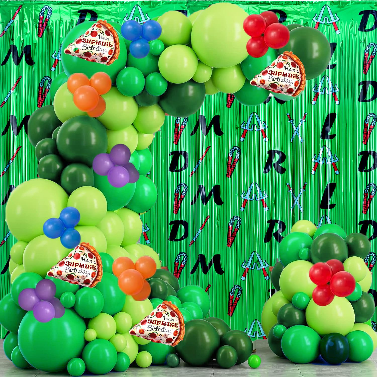 Junyaoii 153pcs Green Turtle Balloon Garland Arch Kit,Include Turtle Balloons Arch, Pizza Foil Balloon,2 Pack Turtle Themed 6.6FT x 3.3FT Sparkle