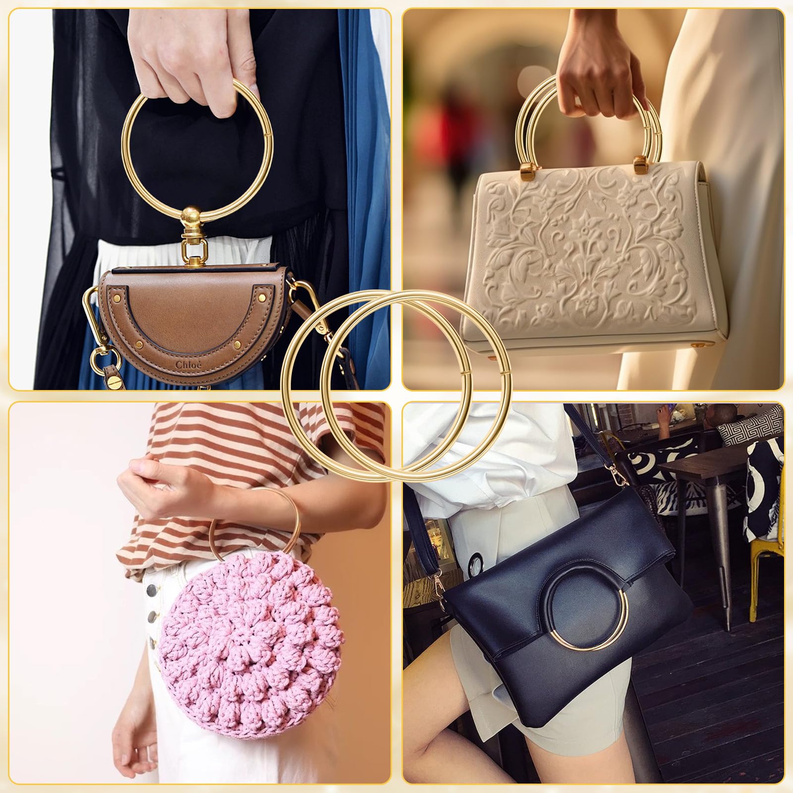 KASURE 8 x Asas de Bolso, Diá 10cm(4) & Diá 11.5cm(4) Asas para Bolsos Redondas, Asas de Equipaje para Hacer Bolsas Marco Bolso Hecho a Mano Ganchillo Artesanales Bricolaje (Luz de oro)