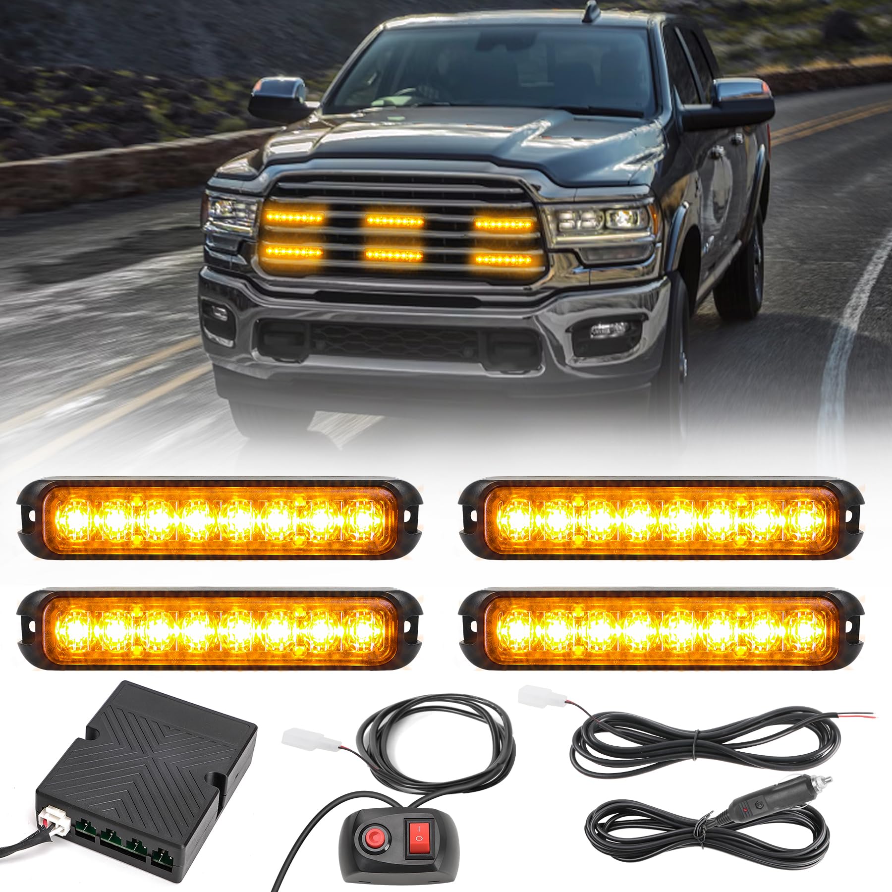 Feux de Pénétration LED Orange 12/24V, 4×8 LED, 14 Modes | IP65 étanche, adapté aux conditions difficiles, avec feu stroboscopique LED orange pour camions et voitures