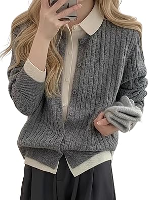 LAI MENG FIVE CATS Womens Long Sleeve Cable Knit Sweater Cardigan Button Color Block 2 in 1 Fall