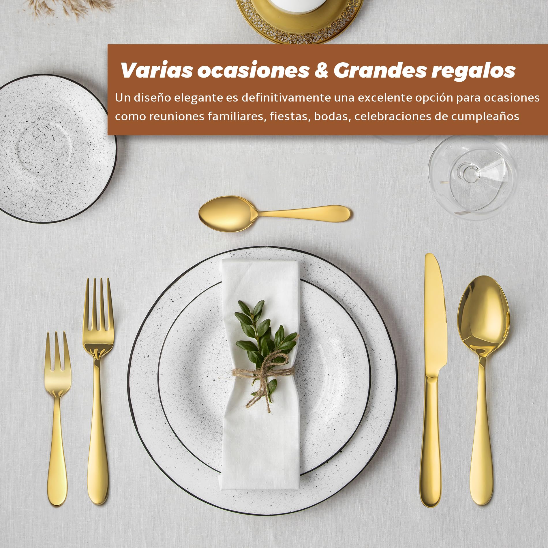 cuberterias dorados completas 6 personas, juego de cubiertos | 30 piezas, acabado espejo, dorada, premium cubiertos acero inoxidable, cuchillo cuchara tenedor, familia/fiesta/hotel